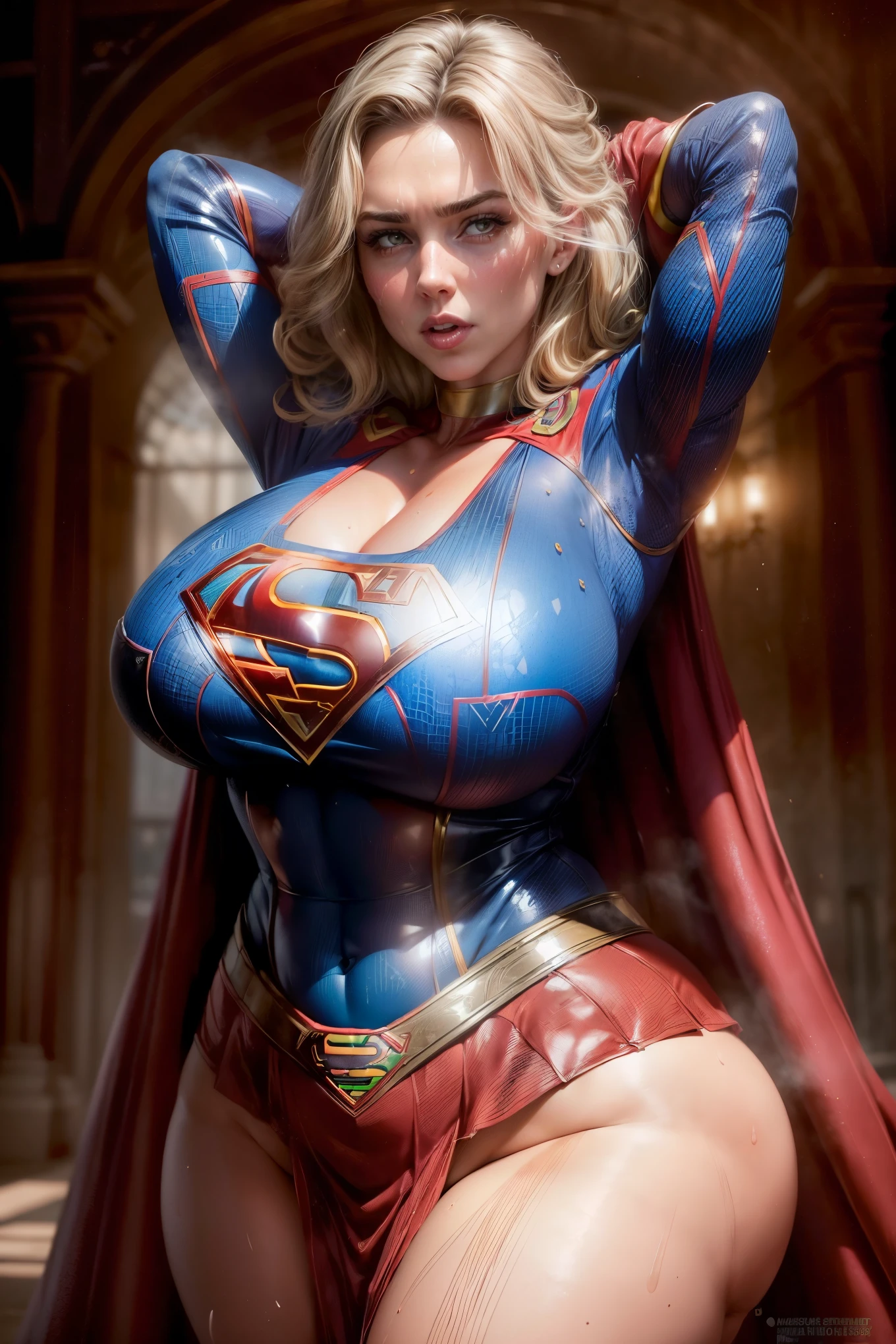 Arte Oficial, Unity 8k papel de parede, ultra detalhado, Beautiful and Aesthetic, Beautiful, master part, best quality, (Zemaranhar, mandala, emaranhado, emaranhar), 1girl, (Supergirl),  BBW,bo de cavalo loiro, olhos azuis, pequeno, capa vermelha, saia vermelha, Botas vermelhas, tampo azul, (seios gs1.5), Clavicle exposed, exposed neck, cintura exposta, Voando acima paisagem urbana, gota de suor, Desviando o olhar, Cyberpunk, adicionar_detalhe, Supergirl, tempestade, epic scene,Detalhes complexos, hiper sexualizada, Hiovocativo, , Sorriso, hiper lolita, mamilos eretovagem pr Cameltoe compleerresolución, sardas cheias, thick, juicy lips, Olhos grandes, roupas mal reveladoras, mamilo exposto, expor pelos pubianos