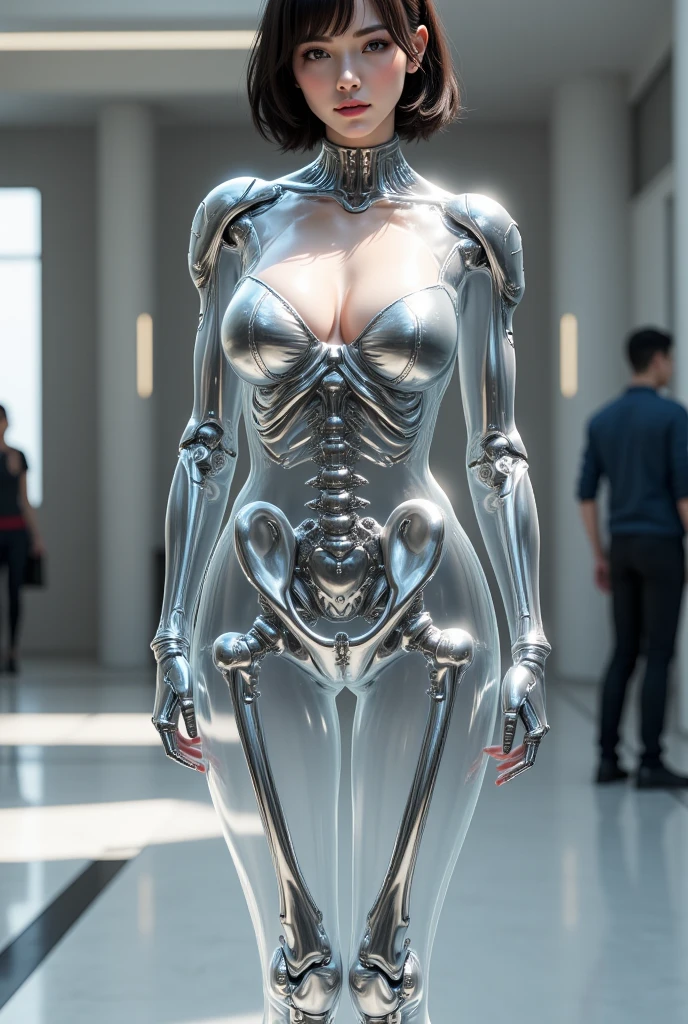 Tall slender robotic man with a white lab coat, giger, porcelain, gold inlay, coloured titanium outer skeleton Holding a towel for a naked woman as she gets out of the bath, futuristic, sultry, firm breasts, narrow hips