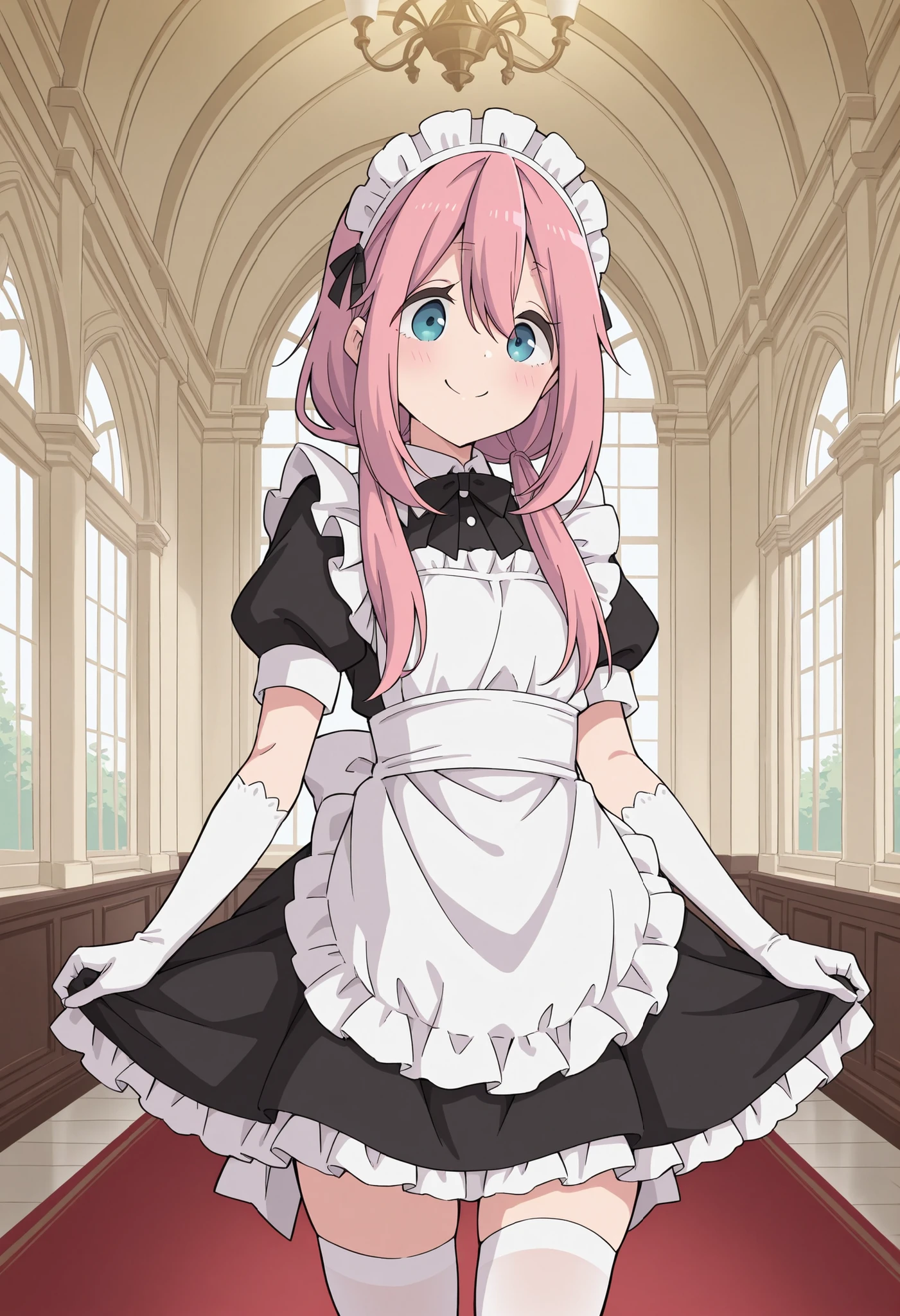 Score_9, score_8_up, score_7_up, source_anime, nadeshiko kagamihara, solo, low twintails, pink hair, blue eyes, (best quality), (high quality), {masterpiece}, extremely delicate and beautiful, ultra-detailed, beautiful detailed eyes, maid, black maid costume, short sleeves, puffy sleeves, white headdress, white frilled apron, white elbow gloves, white thighhighs, mansion, indoor, smile, closed mouth, standing