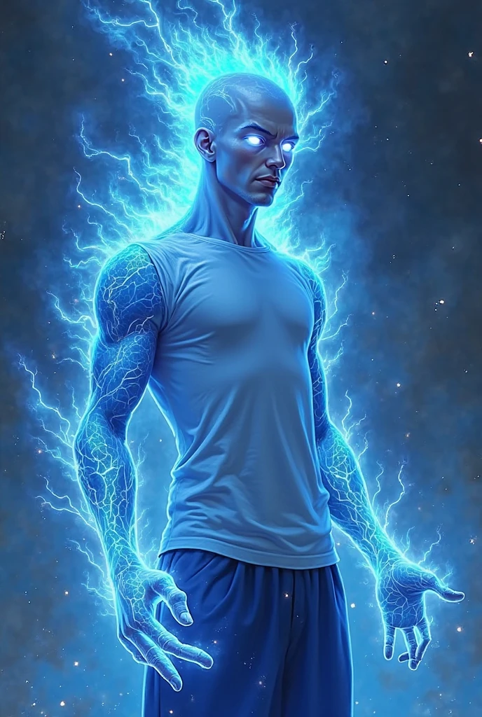 masterpiece,best quality,ultra-detailed,1boy,blue lighting,blue electricity,wrapped in electricity all over the body,black_background,rain,white hair,white