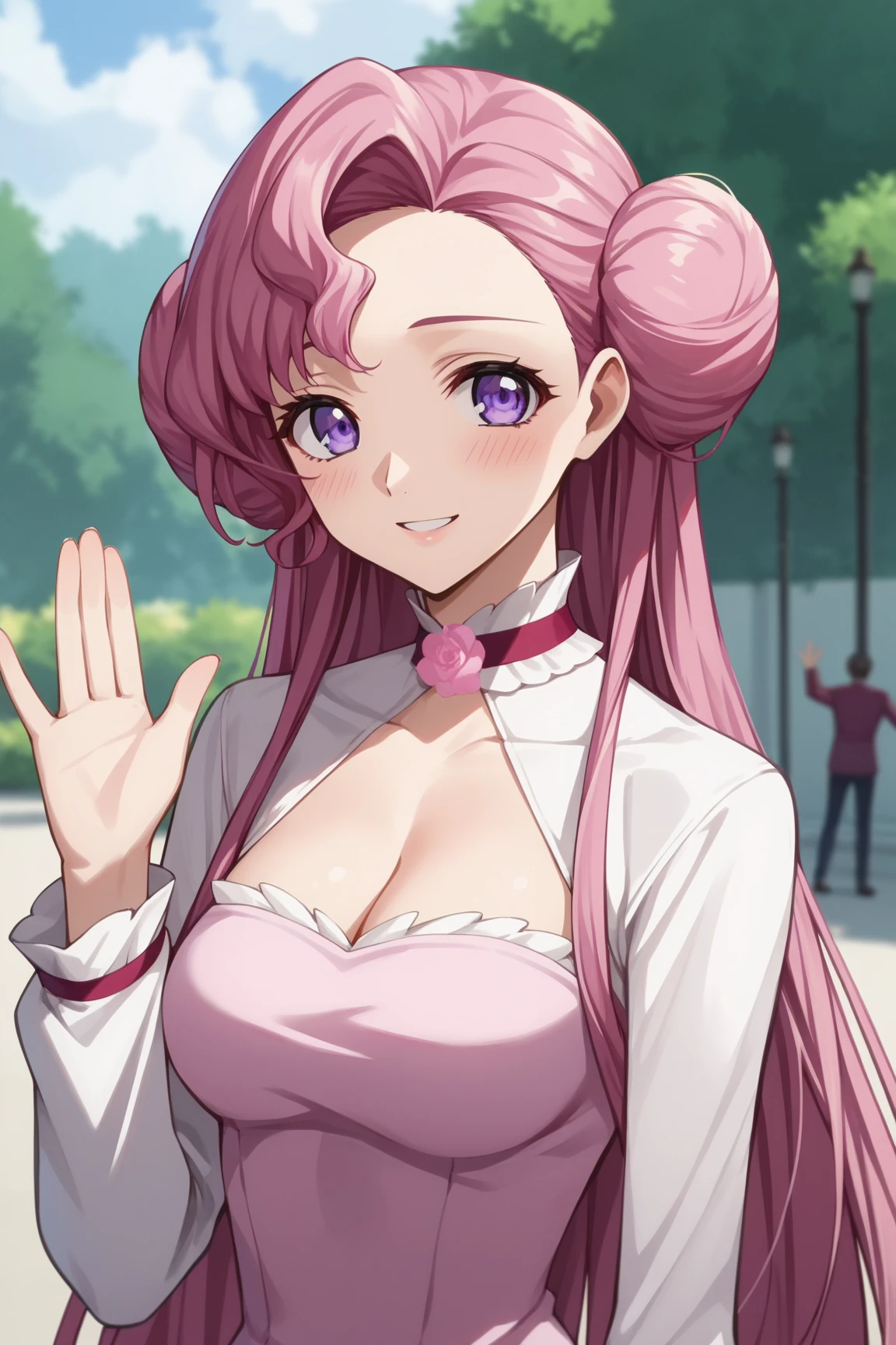score_9, score_8_up, score_7_up, score_6_up, score_5_up, score_4_up, rating_questionable, , source_anime, digital illustration, pixiv, fanbox, uncensored, , BREAK, official art,
1girl, female, euphemia li britannia, pink hair, long hair, purple eyes, double bun,  
pink dress, long sleeves, cleavage cutout, flower, choker, flower choker, waving, upper body, light smile, outdoors, blush, looking at viewer, cowboy shot, colorful, vivid, 5 fingers, <lora:Euphemia_li_Britannia_XL:0.8>