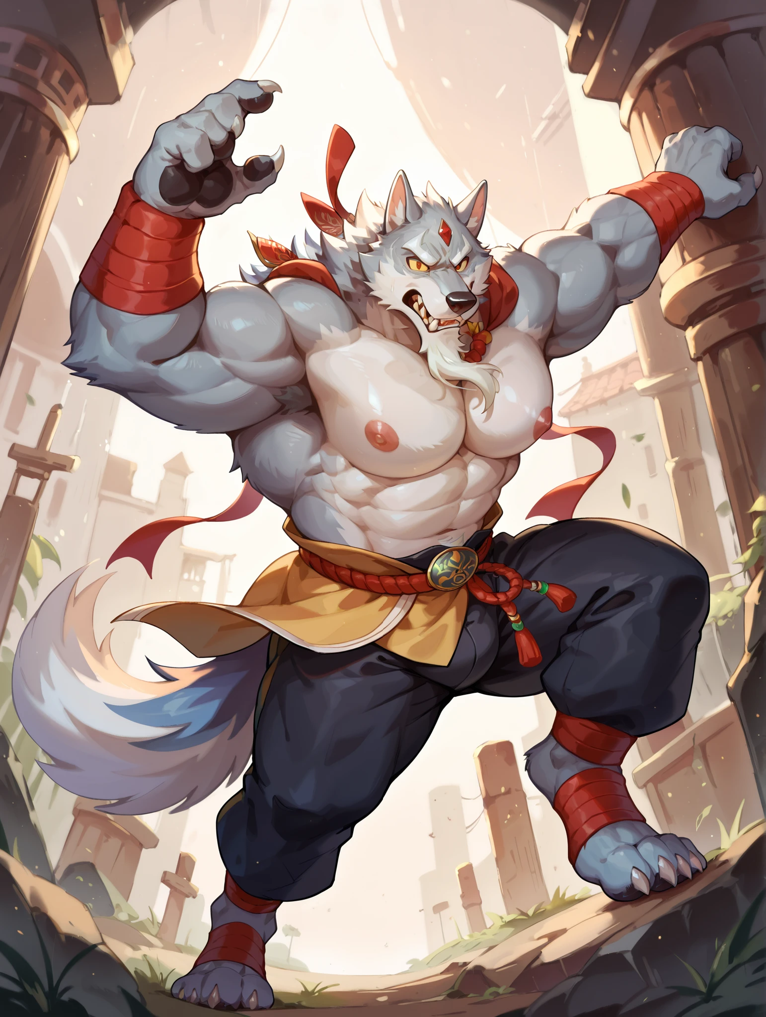 Law-sdorica,furry male,kung-hu style,Kick up the left leg,Raise your legs vertically,muscle,high resolution,hige quality,wolf tail,(old:1.5),grey fur,long goatee,claw,yellow sclera,orange eyes,black forehead emblem,muscular,big pecs,broad shoulders,thick thighs,(huge bulge:0.6),
