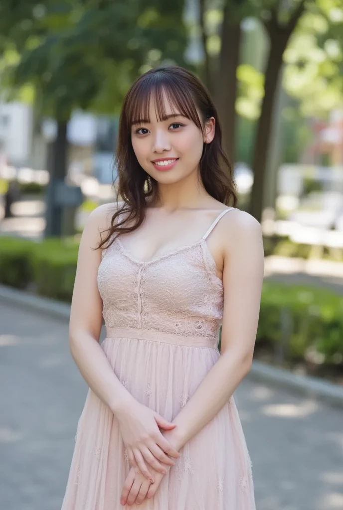 (RAW Photos:1.2), (Realistic:1.4),Beautiful detailed woman,Very fine grain and face, fine grain, Very detailed,High resolution, Very detailed,Highest quality,Raise your consciousness,Unified,8k wallpaper,masterpiece,Highest quality,1 female,alone,rich,Whole Body Ezbian,(A little chubby:0.9),Toned figure,,Tight waist,alone,(Pink one piece suit,mini skirt,High heels),Jewelry Necklace Medium Long Hair,A kind smile,A dignified atmosphere,black eye,Realistic,Central Park , (Morning Park:1.1)