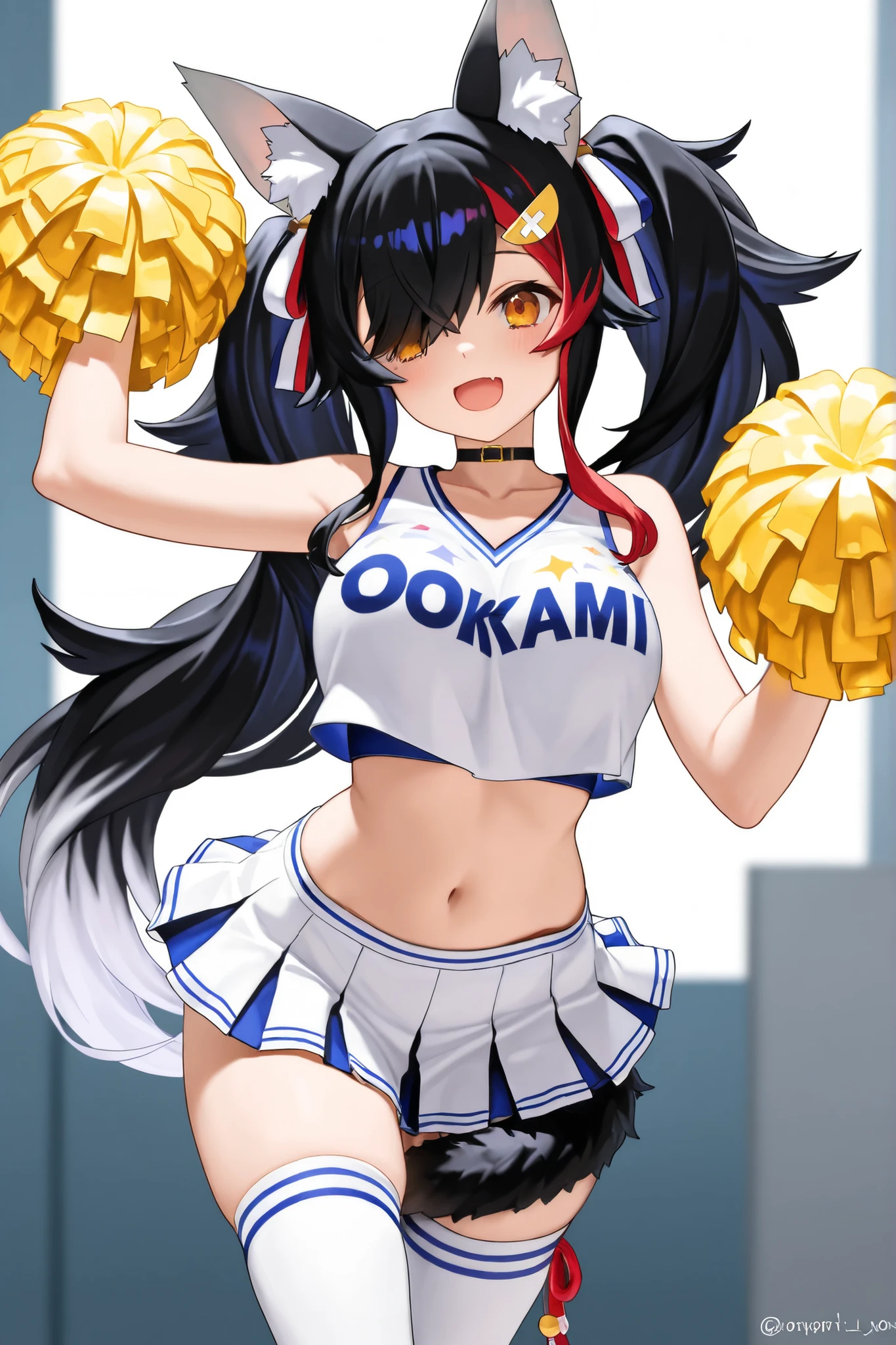 1024 X 1536, (masterpiece), maximum quality, 1girl, black hair, long hair, ponytail, purple eyes, large breasts, cheerleader, white skirt, cheerleader, navel, midriff,