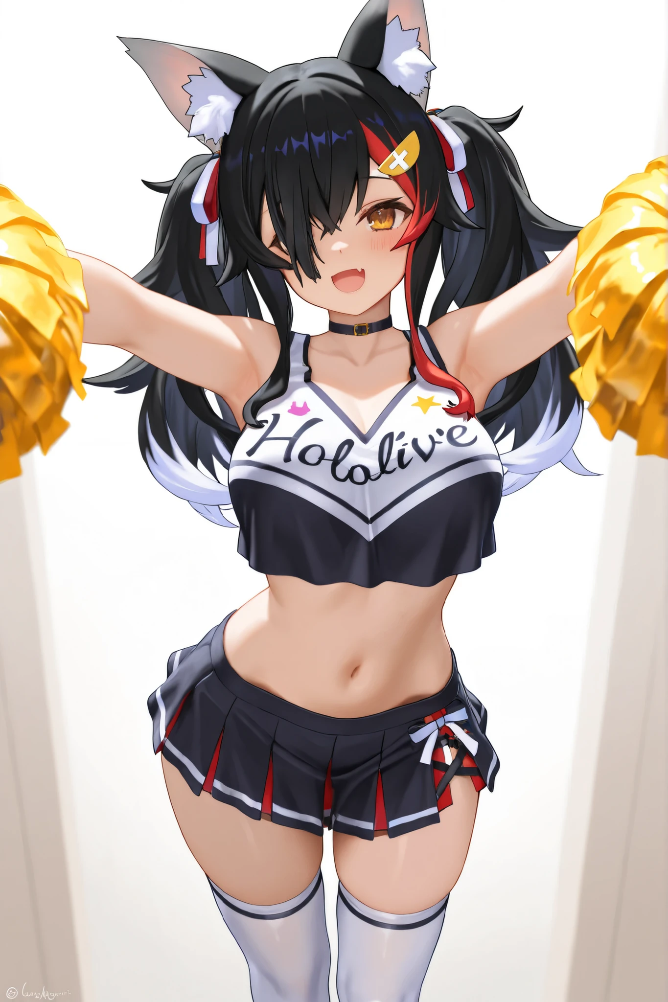 1girl,blush, dark skin, brown eyes, black hair, ahoge, streaked hair, long hair, ponytail, hairband, hair intakes, cheerleader, crop top, large breasts, underboob, midriff, navel, spiked collar, neck bell, bandaid, pleated skirt, side-tie panties,white panties, side slit, black thighhighs, asymmetrical legwear, thigh strap, mole, tanlines,standing_split