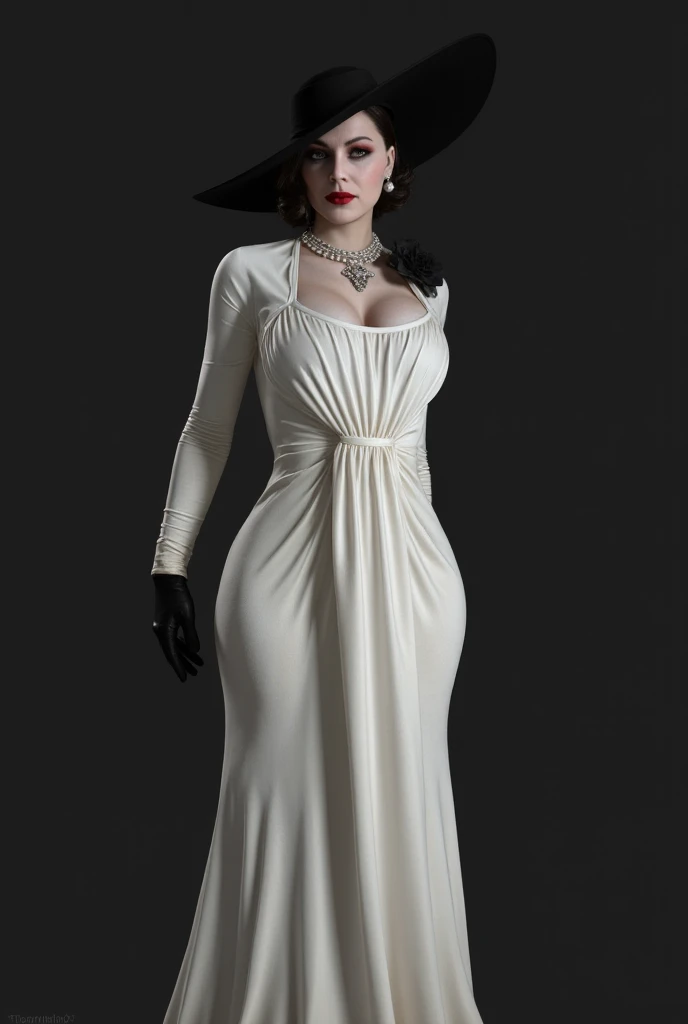 <lora:dimitrescu15:1>,best quality, masterpiece,
(1mom, big-vampire-mommy, Alcina-Dimitrescu:1.05), 1girl, solo, breasts, large breasts, black_hair, gloves, hat, sun_hat, dress, white dress, long dress, cleavage, jewelry, earrings, tall female, mature female, pale_skin, yellow eyes, makeup, pearl necklace, black rose, black flower, looking at viewer,
