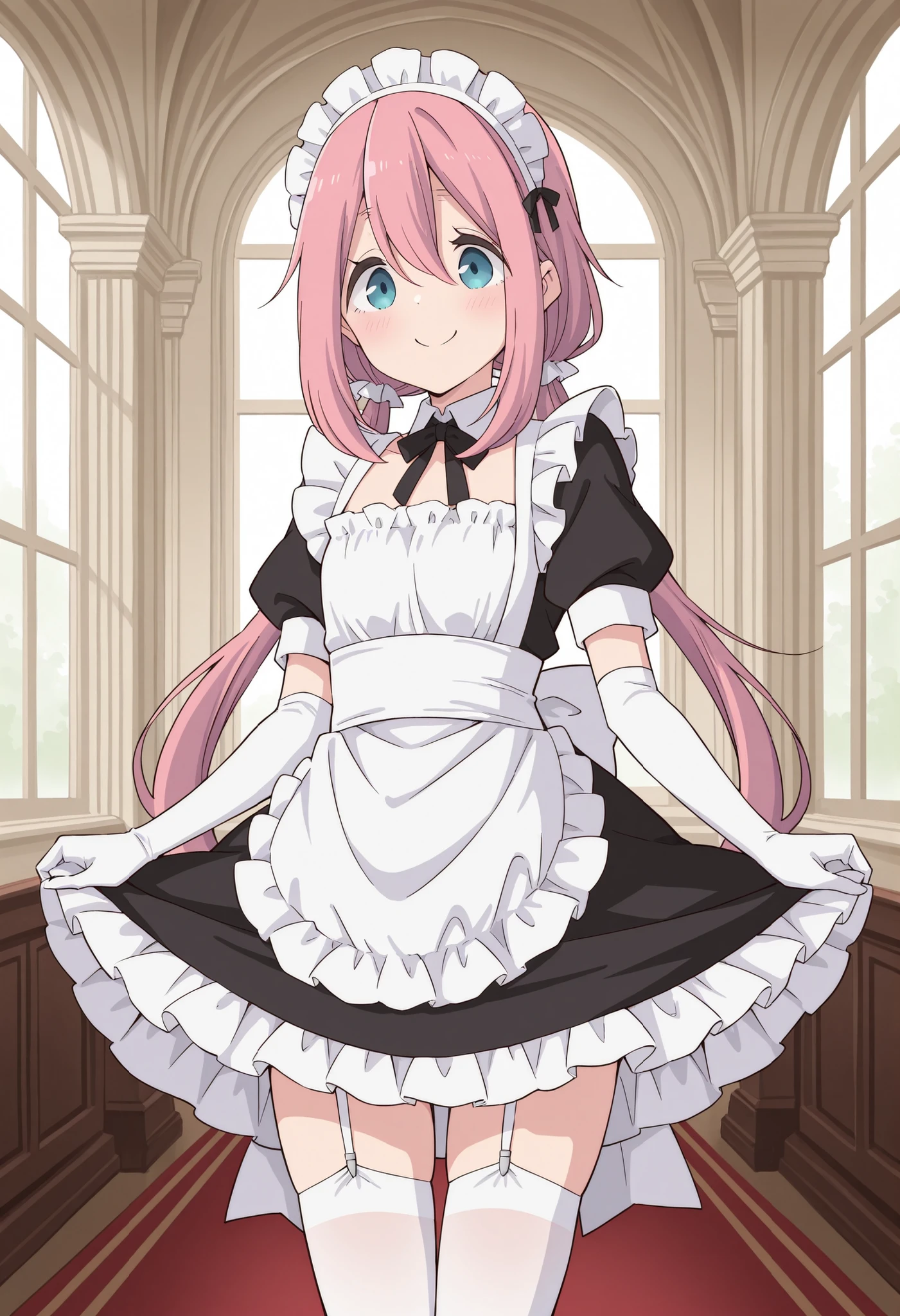 Score_9, score_8_up, score_7_up, source_anime, nadeshiko kagamihara, solo, low twintails, pink hair, blue eyes, (best quality), (high quality), {masterpiece}, extremely delicate and beautiful, ultra-detailed, beautiful detailed eyes, maid, black maid costume, short sleeves, puffy sleeves, white headdress, white frilled apron, white elbow gloves, white thighhighs, mansion, indoor, smile, closed mouth, standing