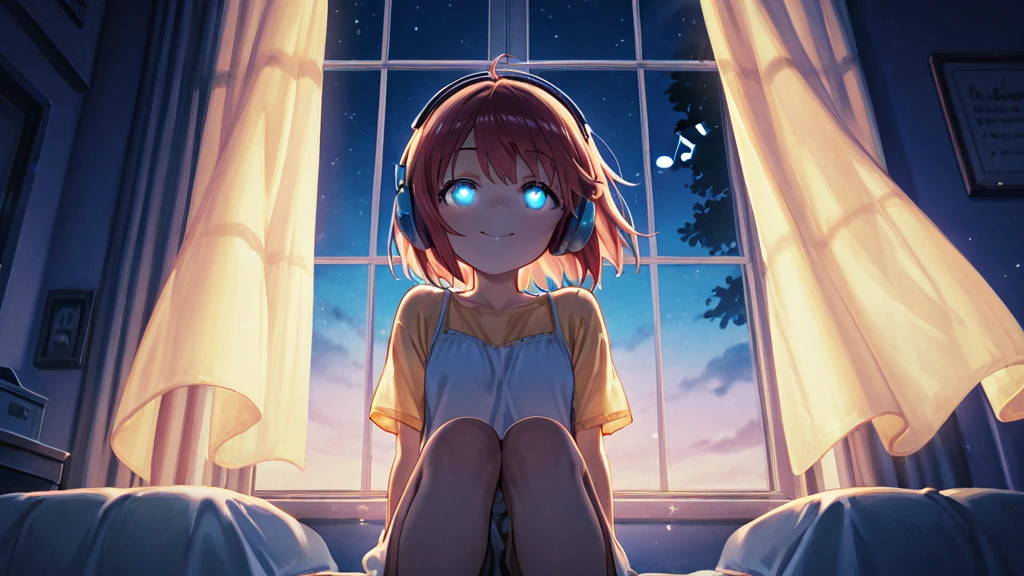 ((8k, highest quality, masterpiece: 1.3)), ultra high resolution, ( girl, alone), (color changing eyes, super detailed, expressive glow, sparkling, glowing eyes),highly detailed cyan eyes, highly detailed face, (half bun),  (downturned eyes), ((bright orange hair color)), flower in bun, (ecstatic expression: 1.2) white skin, modern loose plain navy blue loungewear, relaxed posture, (bedside at home, dim: 1.1), starry sky outside the window, random angles