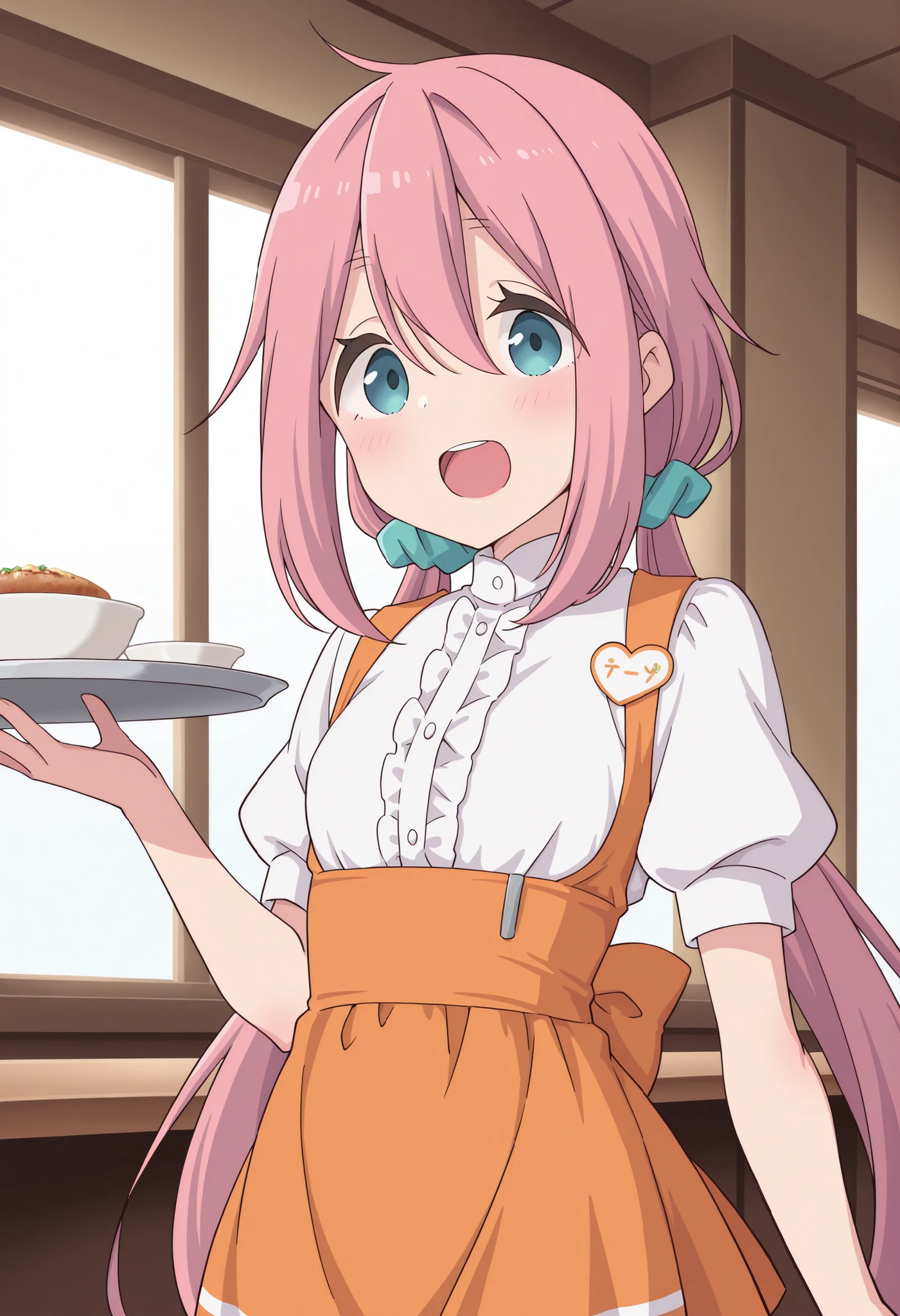 Score_9, score_8_up, score_7_up, source_anime, nadeshiko kagamihara, solo, low twintails, pink hair, blue eyes, (best quality), (high quality), {masterpiece}, extremely delicate and beautiful, ultra-detailed, beautiful detailed eyes, anna miller, waitress, white shirt, short sleeves, puffy sleeves, orange suspender skirt, high-waist skirt, waist orange apron, name tag, restaurant, indoor, holding silver tray, smile, open mouth, standing