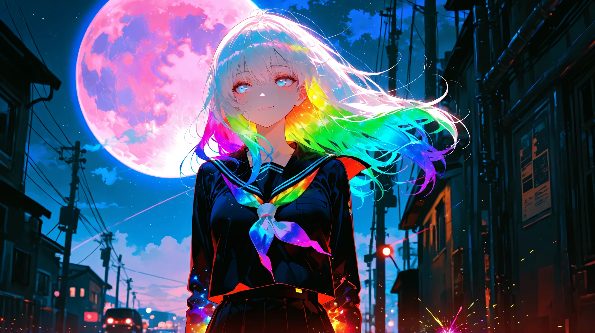 1girl, white hair, multicolor hair, school uniform, standing under a glowing multicolored moon, looking away with a faint melancholic smile, alone in a color-shifting alley with iridescent shadows behind her, atmosphere rich with surreal tones, rainbow sparks rising from the ground, colorful cinematic lighting, soft breeze moving her hair, sharp contrast, Depth of field, (((masterpiece))), (((best quality))), (8k), (((detailed beautiful face and eyes))), (((super fine illustration)))