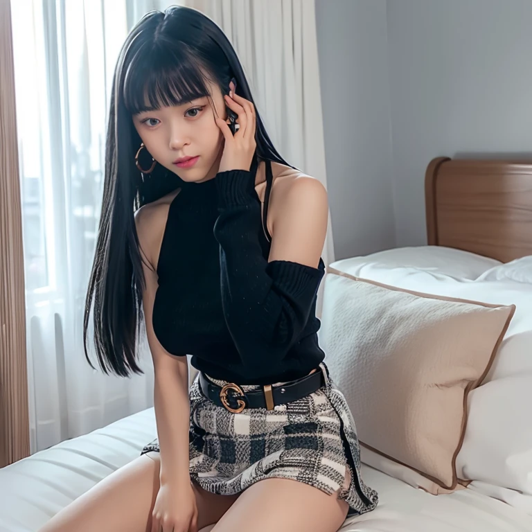 Knees，Black shirt，a navel，pleatedskirt，A dark-haired，poneyTail，blush，(12 year old girl)