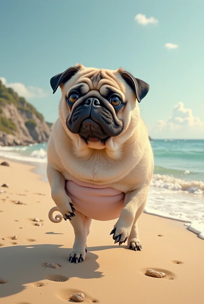 obese dashund on a beach towel with background of beach censored, obese dashund has sunglasses on