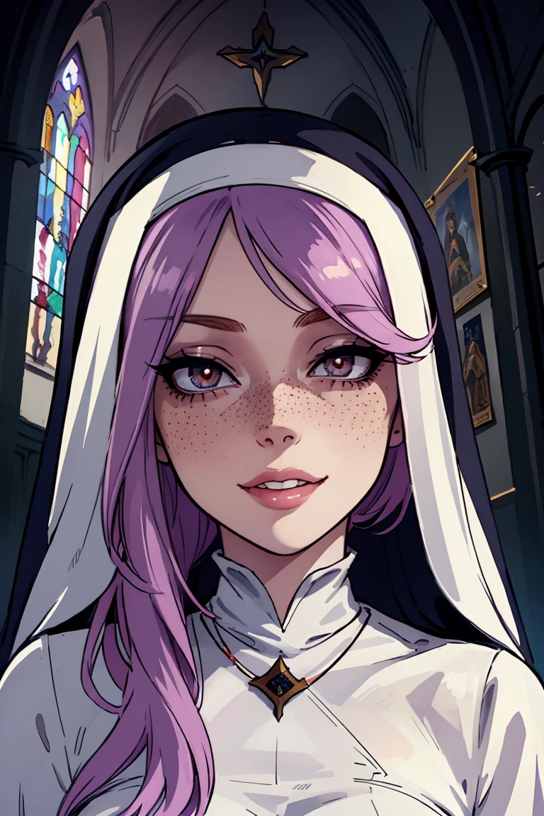 Masterpiece, best quality, motherly, excited expression, portrait, nun, pale skin, hand in front of mouth, happy expression, wide-eyed, pink full lips, nun habit, freckles, lavender hair, church setting,