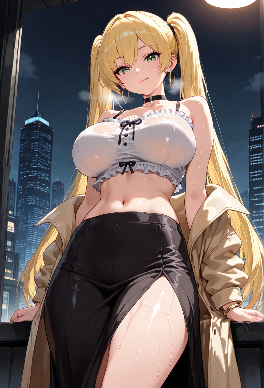 (8k, RAW photo, best quality, masterpiece:1.2), (cityscape),1girl,(sky striker ace raye),(professional lighting, photon mapping, radiosity) , ((thin)), enormous huge breasts,blue eyes,(minimal clothes),(cleavage), Blond hair, black headdress.Dark brown tie