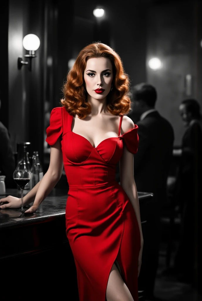 chr1sh3n as Joan Holloway, red cocktail dress, cleavage, red hair, perfect hands, make-up, in her 20's, Christina Hendricks, youthful, sexy, standing, 