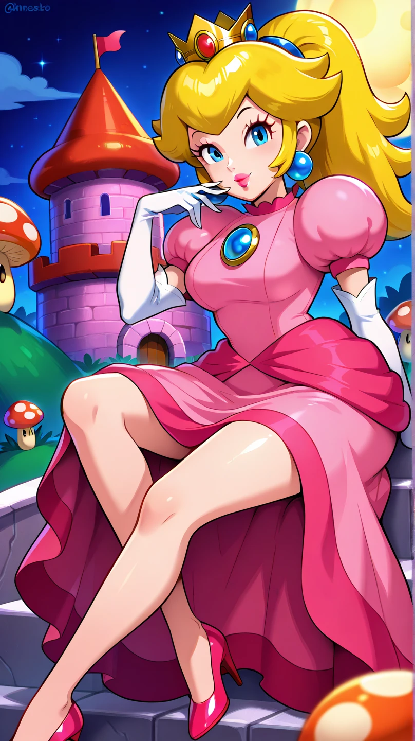 highres,masterpiece,perfect ligthing,bloom,cinematic lighting,adult,perfect skin,female,cowboy shot,smile,narrow waist,skinny,(PrincessPeach),(Princess Peach),choker,detailled eyes,blue eyes,choker,sensual,mushrooms,mushroom kingdom,pink lips,((glossy lips)),pursed lips,pink pumps,glossy skin,oily skin,beautiful light,(day:1.3),bright,looking at viewer,(phcrystal),