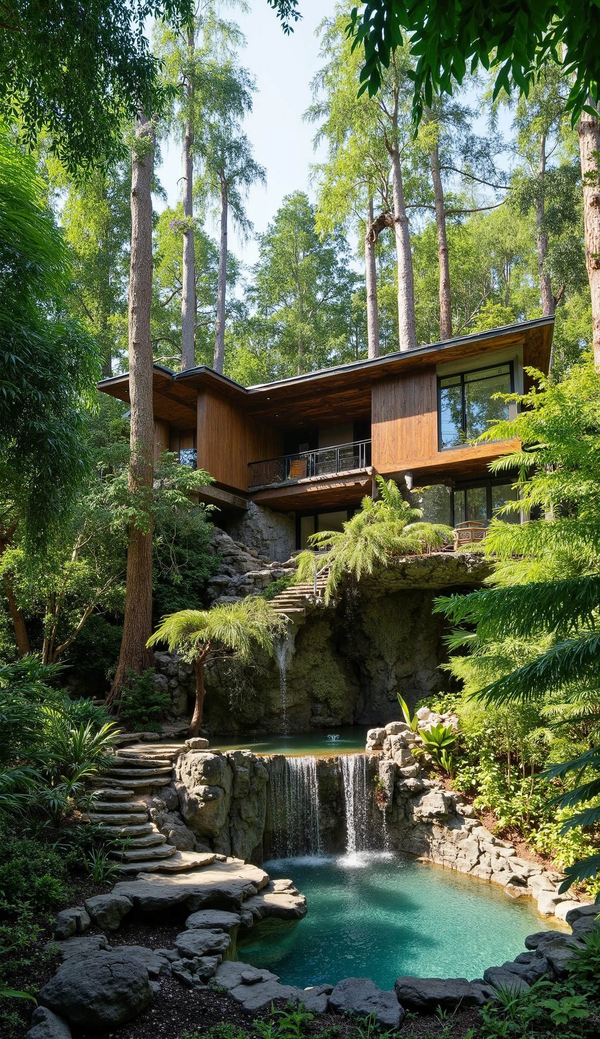 (巨大なtreehouseと豪邸ビルの融合:2.0),(巨木のレッドウッドの上にある巨大treehouse:1.5),(treehouse:1.5),(a modern 3-storey mansion with huge trees:1.5)、There's a gorgeous pool、(a waterfall cascading down from natural bedrock:1.5),(巨木のレッドウッドの上にある巨大treehouse:1.5),(A very beautiful forest:1.5),