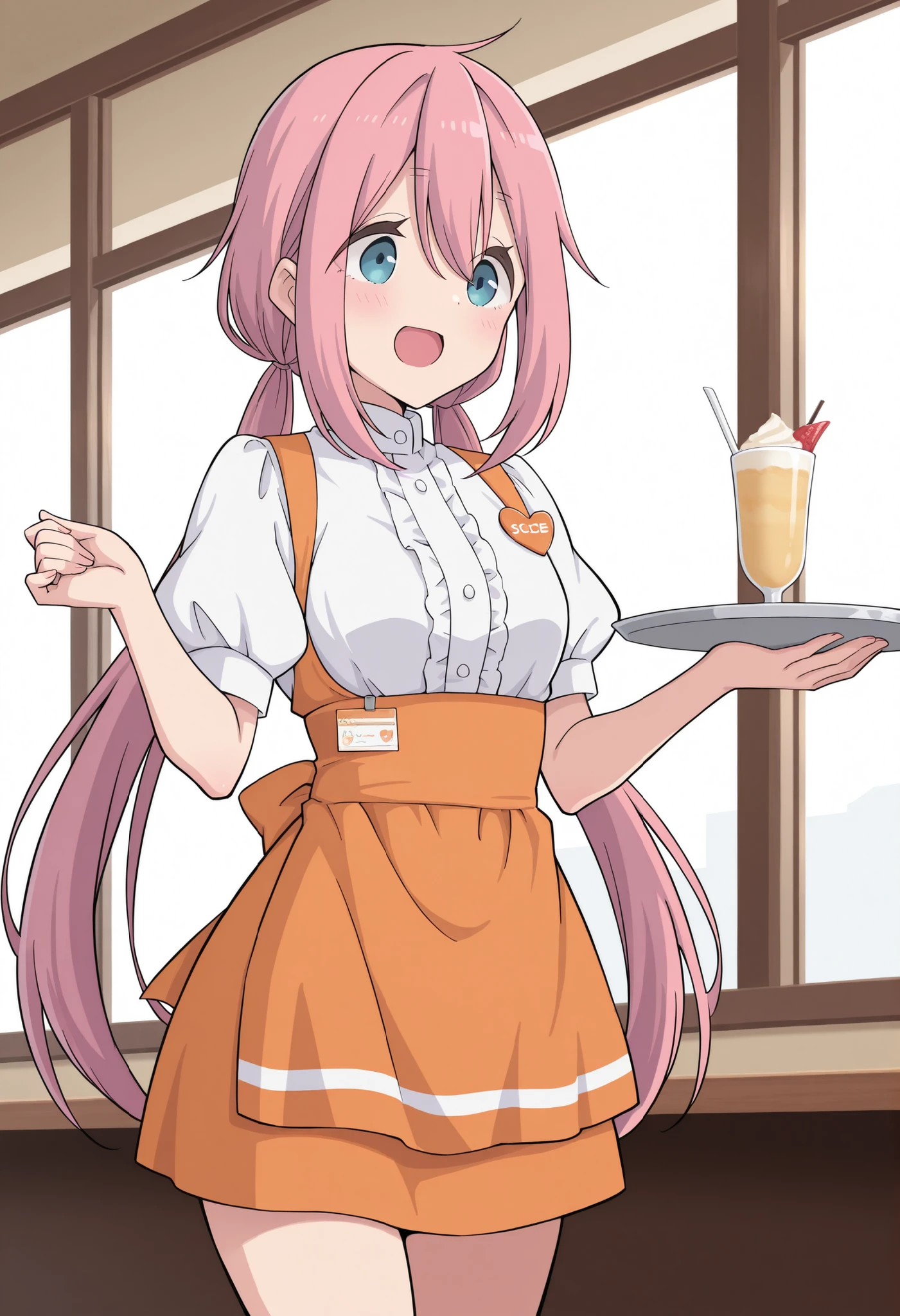 Score_9, score_8_up, score_7_up, source_anime, nadeshiko kagamihara, solo, low twintails, pink hair, blue eyes, (best quality), (high quality), {masterpiece}, extremely delicate and beautiful, ultra-detailed, beautiful detailed eyes, anna miller, waitress, white shirt, short sleeves, puffy sleeves, orange suspender skirt, high-waist skirt, waist orange apron, name tag, restaurant, indoor, holding silver tray, smile, open mouth, standing