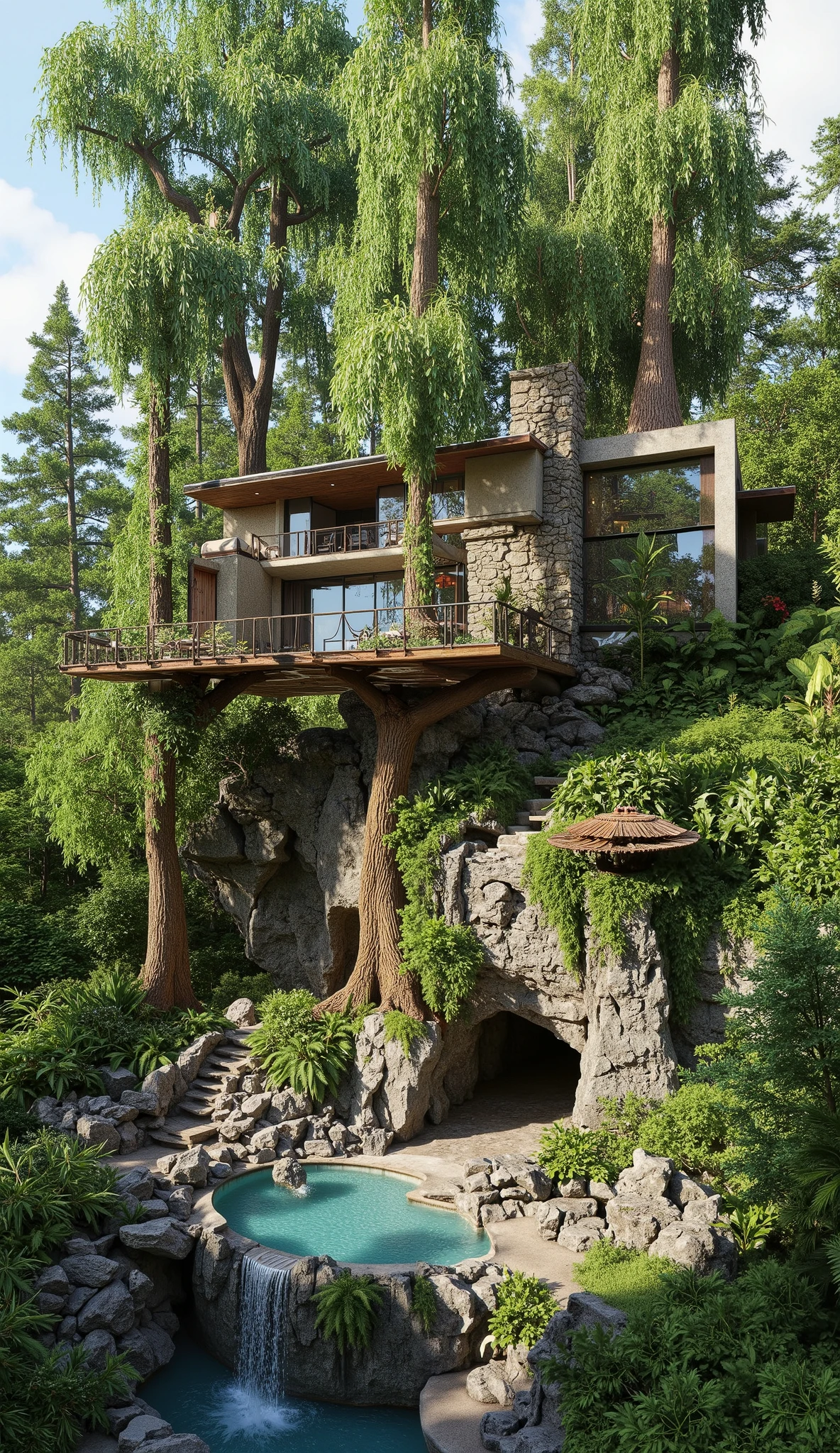 (巨大なtreehouseと豪邸ビルの融合:2.0),(巨木のレッドウッドの上にある巨大treehouse:1.5),(treehouse:1.5),(a modern 3-storey mansion with huge trees:1.5)、There's a gorgeous pool、(a waterfall cascading down from natural bedrock:1.5),(巨木のレッドウッドの上にある巨大treehouse:1.5),(A very beautiful forest:1.5),