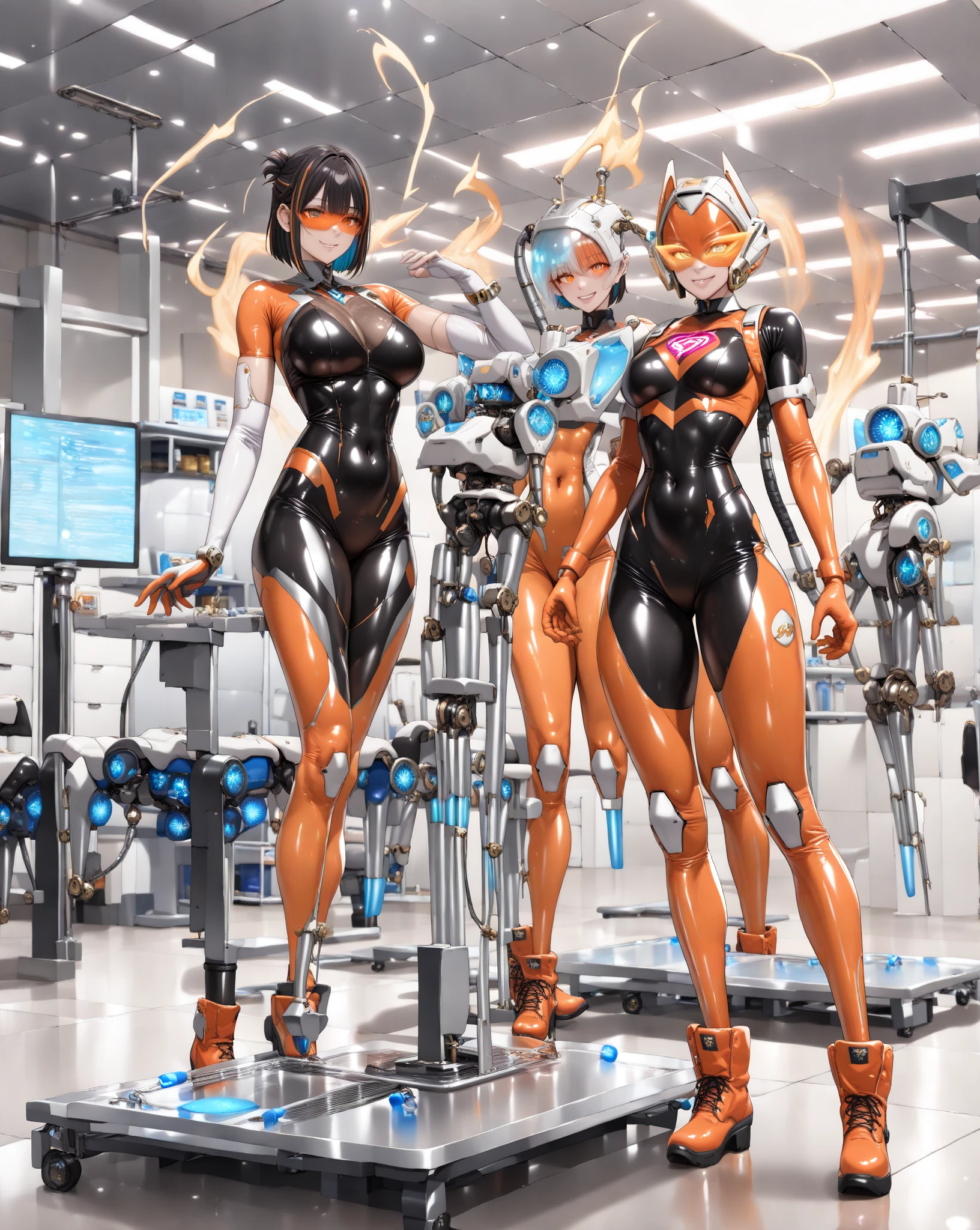 (masterpiece) (high Res), (((robot))), (Perfect face), (perfect anatomy), robot woman with a robotic head, in super tight clothes, (office suit), (mini skirt), shirt, tie, happy, ((glowing visor)), huge , narrow waist, wide hips, thick thighs, Brown skin, metal body, black high heels, ((((non humane robot Head)))), (robot girl), (robot Head))))
