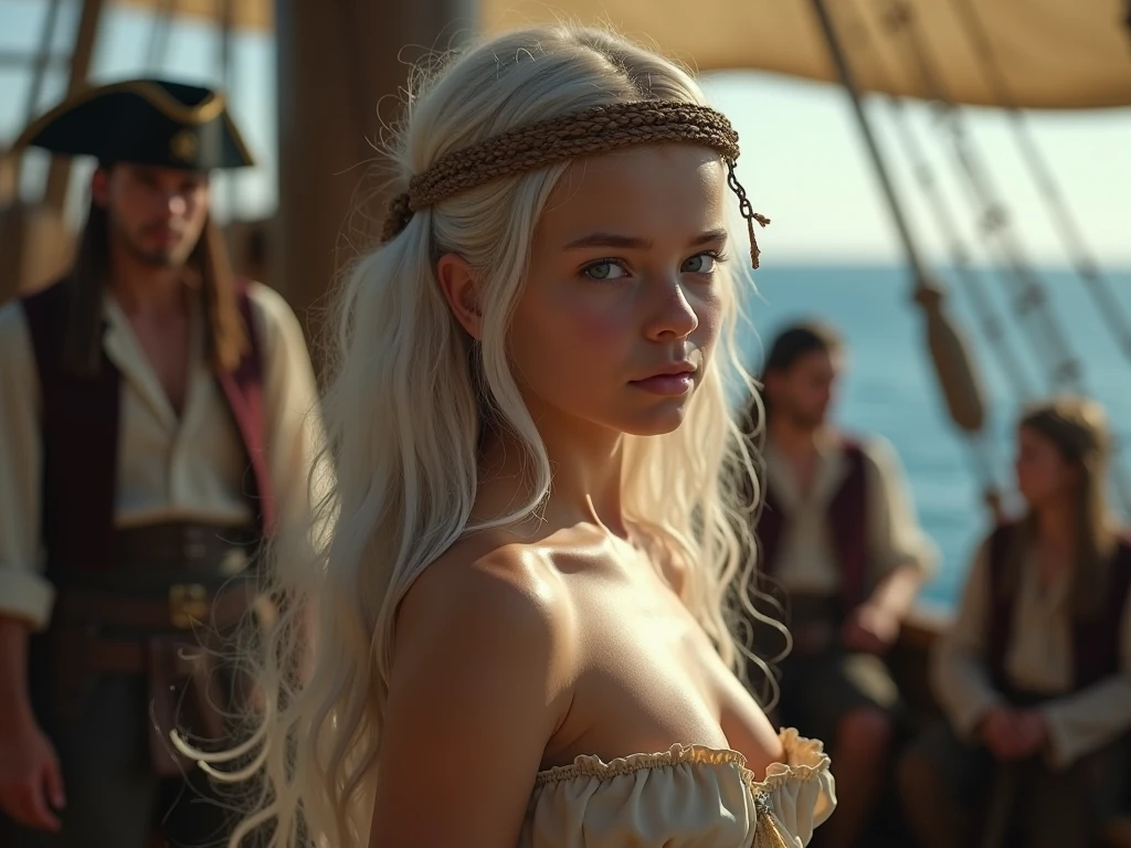 Frida Gustavsson, (((naked))), (((on an 16th century galleon))), shy, worried, hiding, ((face blushing)), (((hands between legs))), (minimal jewelry), choker, (((embarrassed pose))), Victorian braids, angry, perfect tan