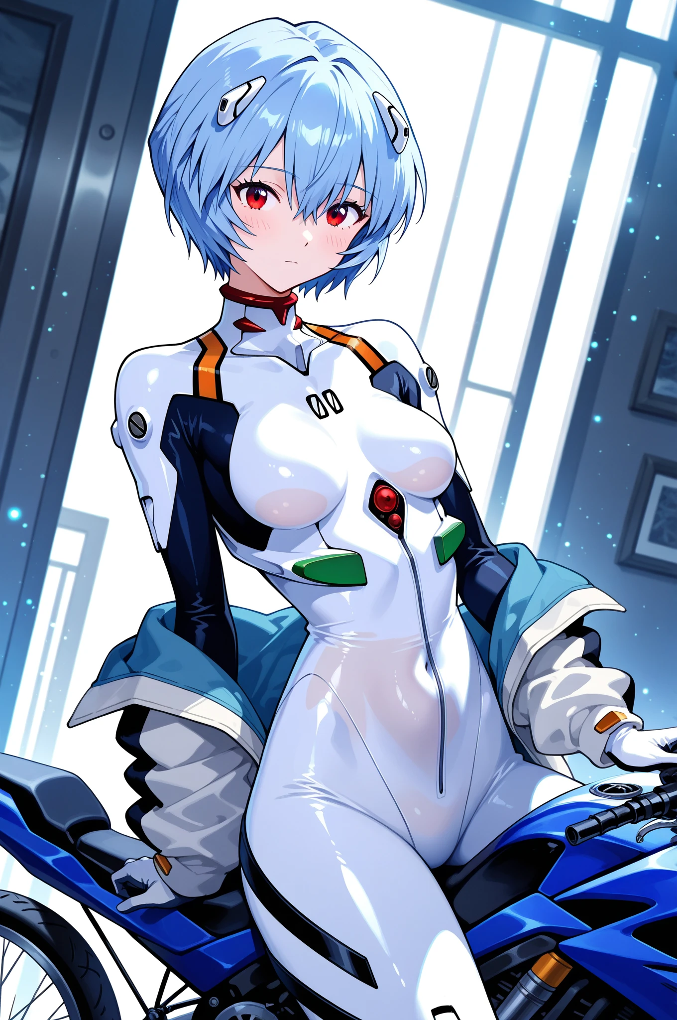 masterpiece, best quality, very aesthetic, absurdres, newest,1girl, wariza, masturbate, one_hand_between_legs ,open_mouth, saliva, tear in eyes,,embarrassed, ,Ayanami Rei,white bodysuit,red eyes,pilot suit,short hair,blue hair,bangs,interface headset,turtleneck,hair between eyes,surrounding by flowers,falling_petals, outdoors, petals,