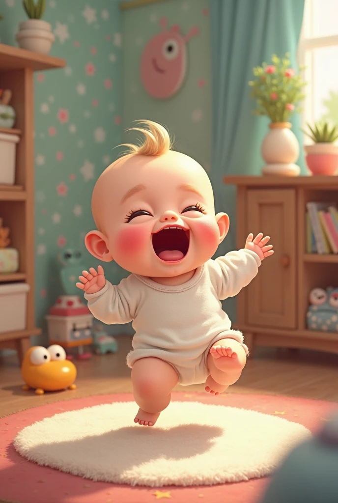 Pixar style image, There is an 8-month-old baby, sitting on a blue rug, She is wearing a white jacket and purple pants, is laughing