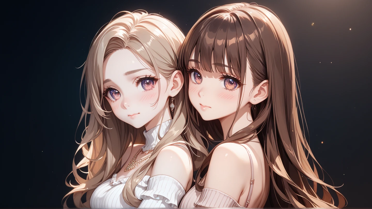 The subject appears far away、Shiraishi Mai, Looks exactly like Shiraishi Mai, A kind smile, Long Hair,  (Female duo)、Dark brown hair, (((Only two girls))), 18-year-old, photograph, Realistic, highest quality, Detailed face,Diffused light, Depth of written boundary, Bokeh (highest quality: 1.5), (masterpiece: 1.2), Watch Viewer, one piece, ,very wide view、There is a starry sky in the background,(((Panorama:1.2))),(Bokeh),Long shot,wide view、look up at the night sky