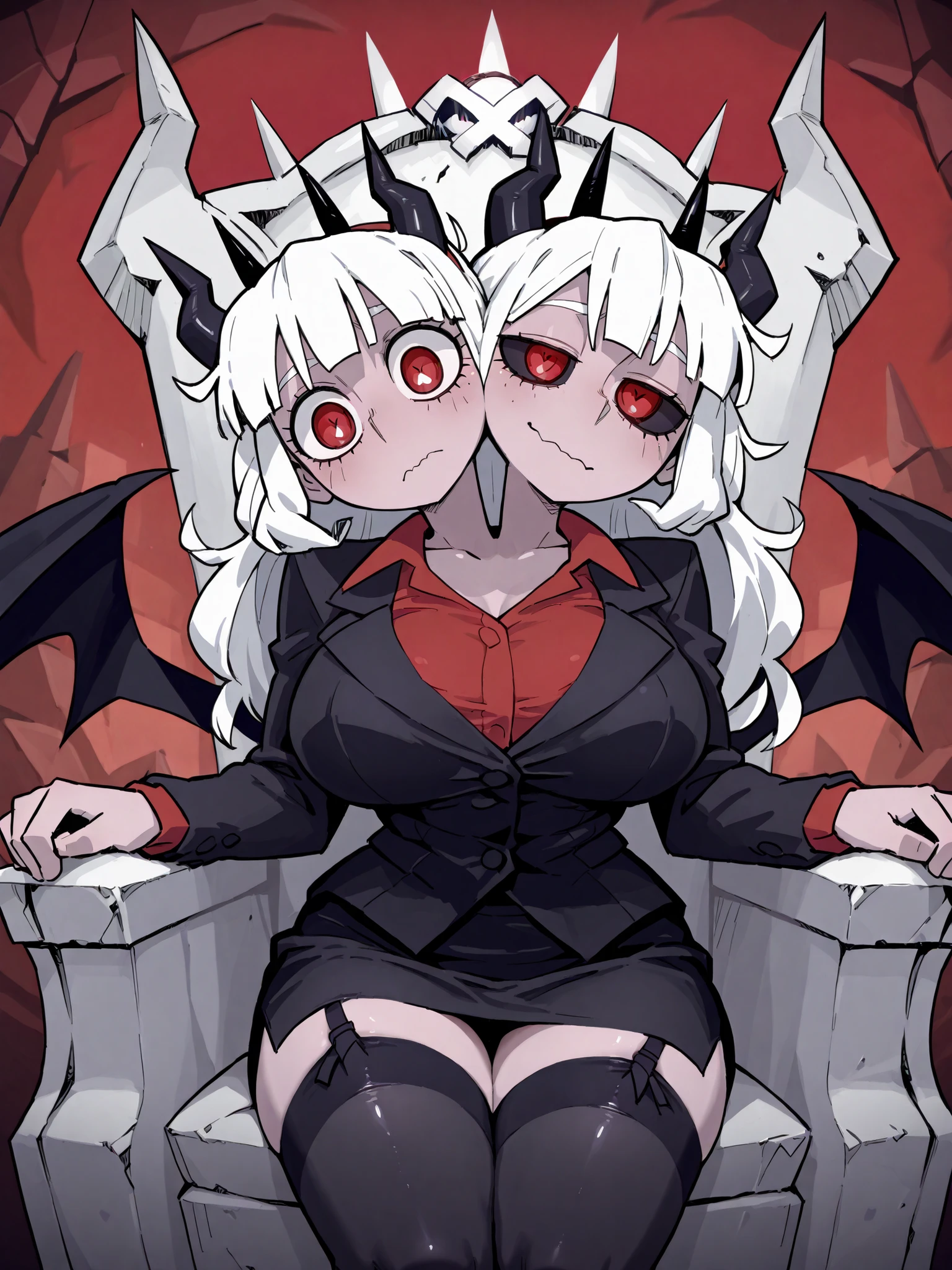 conjoined, 2girls, 2heads, two heads, a tall thin girls with 2 heads, white hair, black hair, short hair, long hair, red eyes, black sclera, black devil horns, large breasts, black suit, red shirt, black pencil Skirt, Garter Belt, black stockings, sitting, Throne, devil wings, helltaker
