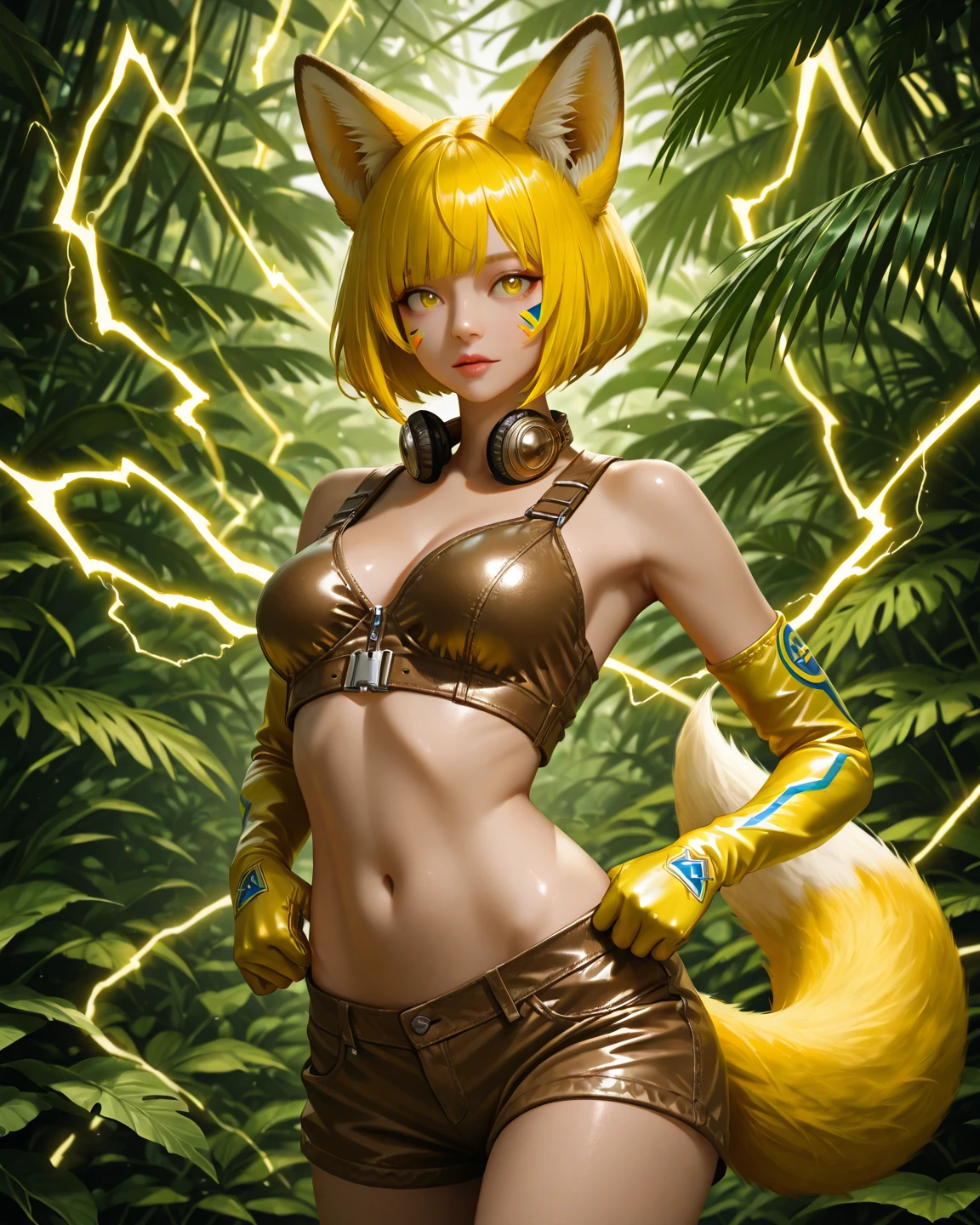 (masterpiece, best quality:1.2), highres, best illustration, 8k wallpaper, (Traditional Media), (2d:1.2), wide shot, (dynamic angle:1.1), outline, ((thick lineart)), cover, stylish, official art, (details:1.2), (fantasy), garden, (bloom:1.1), glow:0.2, shadow, nature, cherry blossoms, particles, (depth of field), sharp focus, (volumetric lighting), (bokeh:0.6), film grain:0.4, day, (soft lighting:1.1), kkrroll, short hair, blonde hair, dark skin, animal ears, bikini, shorts, gloves, animal hands, thighhighs, blue eyes, tail, fur trim, animal print, fur collar, <lora:Himesama_Goumon_Kroll_00_01:0.6>