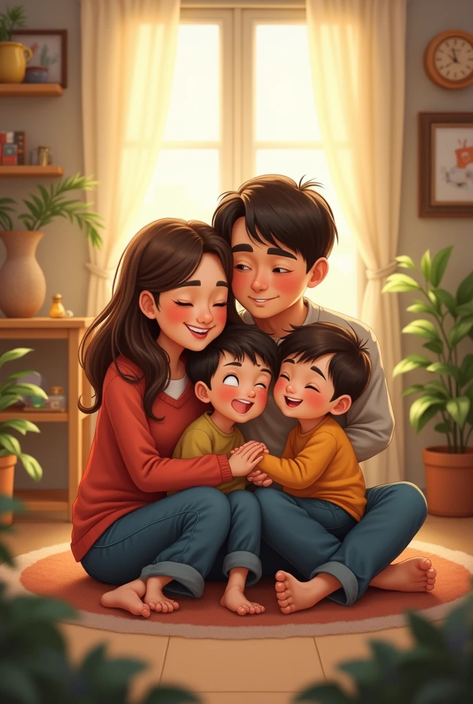 kitten with a family of people where there is a father, a mother and childrencartoon