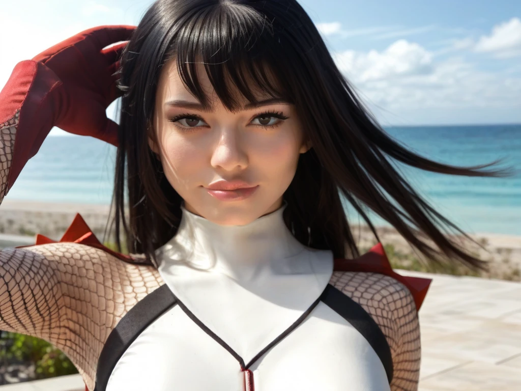 A girl with black hair，Hands over large breasts。Wearing sexy red mesh lingerie by the sea