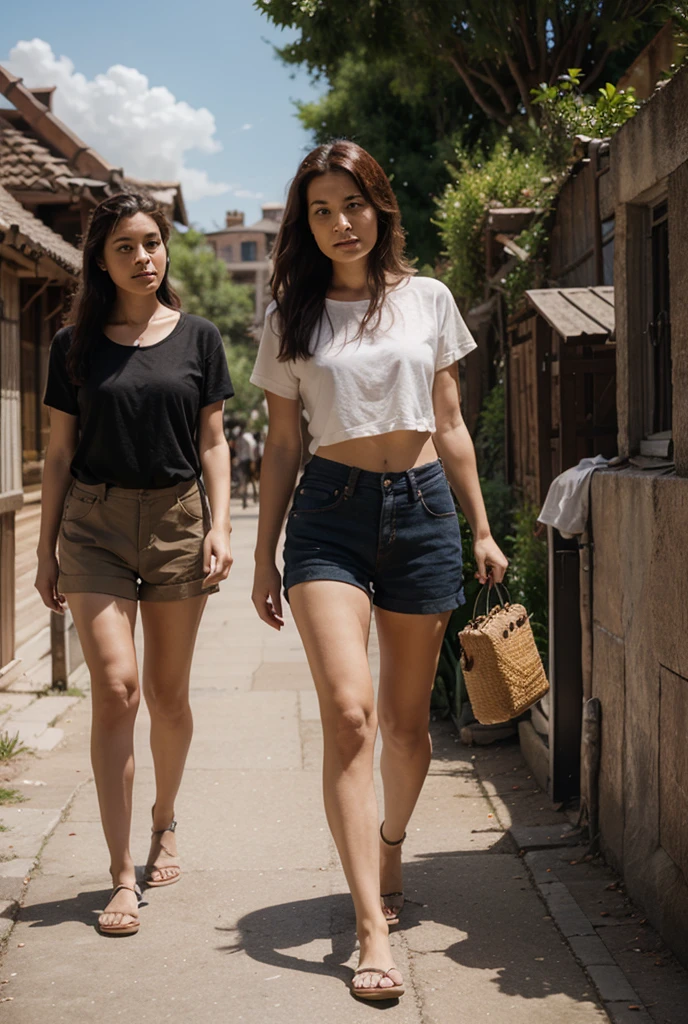 18-year-old girl similar to Chloë Grace Moretz, smiling, waist-length red hair, disheveled and disheveled, wears white fedora hat, white sleeveless blouse, blue miniskirt, tennis shoes, no socks, tight clothing, poses on ruins, probably part of A pre-Hispanic construction, it is completely exposed to the sun without any shade. intense direct sunlight, super realistic, clear sky, perfect body, correct proportions and perspectives, masterpiece, realistic photo, natural lighting from direct sunlight, outdoors