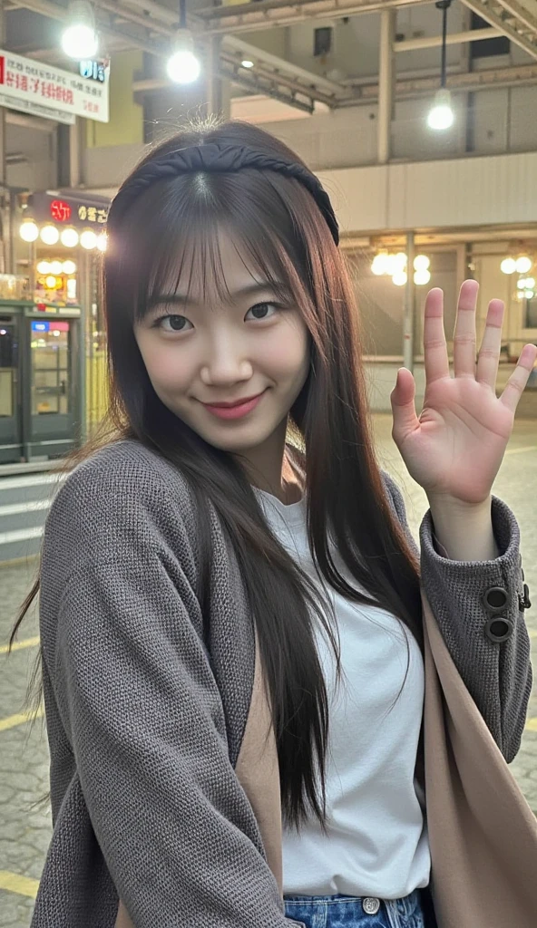 Anime of a woman with both hands up and joy