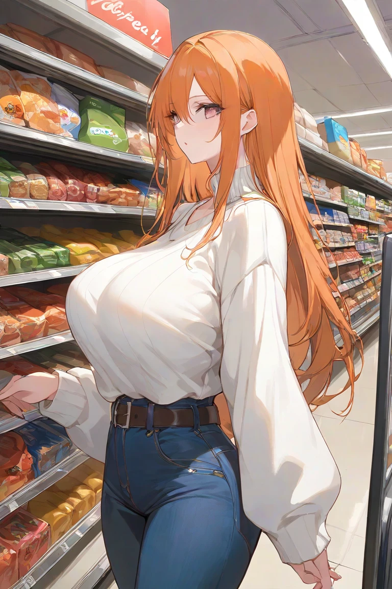 1girl,solo,makima \(chainsaw man\), chainsaw man,super detailed skin,shiny skin,natural smile ,eyelashes,lips gloss,red hair,sidelocks,a braid, large breasts,Blouse,Pleated skirt,shopping ,masterpiece,best quality,ultra detailed,high resolution,sharp focus