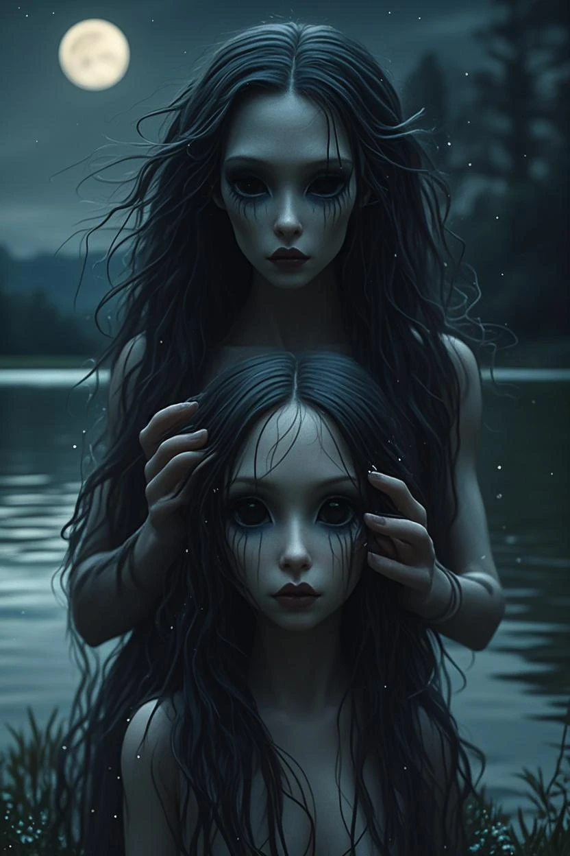 expressionless young witch, hija severus snape y lily evans engineers hugging, (((petite))), (((flat))), curiously looking highly up at the viewer, long wavy hair, green sleepyhead eyes, wearing one-piece swimsuit, by ancient lake with mist above the surface, robotic with mechanical limb, detailed orange-mint hue, weak fire casting intricate shadow, dark and creepy shadows, wading, limited colors darkness, her eerie eyes glowing in the darkness, A look of mixed anxiety and anticipation, sketch, anime Masterpiece, (((back view))), tentacles around neck, robotic mechanical limbs,(nsfw:0.55), ((flat chested, flat stomach, baby face)), (intense colors)