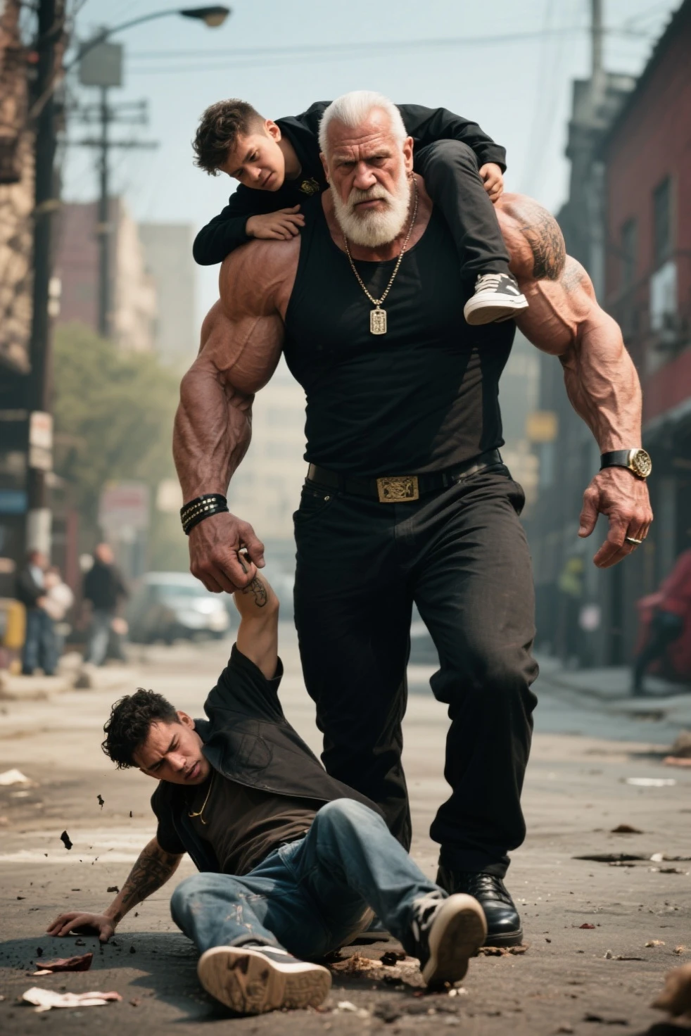 A very manly old man,The train squeezed several people from behind,Hugged him,Speak in his ear,Other men held him in their lap,Pick him up,(Wear only red panties,The crotch is prominent and big),40k,photography,tmasterpiece,Best quality,dark grey background,(1 blue eyes、Blonde man fast),big ass and plump breasts,Until waiting to be worn、(white cardigan:1.3),old man leaning on back,Picked him up,striking various poses。muscle men,musculous,
