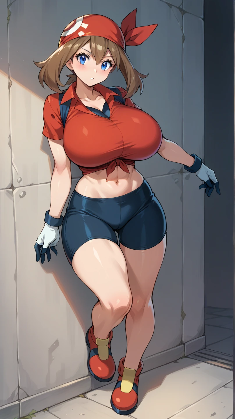 18 year old girl,baby face,dark red hair,Ponytail hairstyle,Zhangzui smile,Huge breasts,Cleavage,Transparent red sleeveless top,Leave space in the middle to reveal Cleavage,Soaked all over,blush,Red eyes,female spy,red miniskirt,White gloves,White hand sleeves,White boots,Science fiction,future,Inside the robot warehouse,robot driver,He has a pistol hanging from his waist,lipstick,Nipple showing,Metal belt around waist