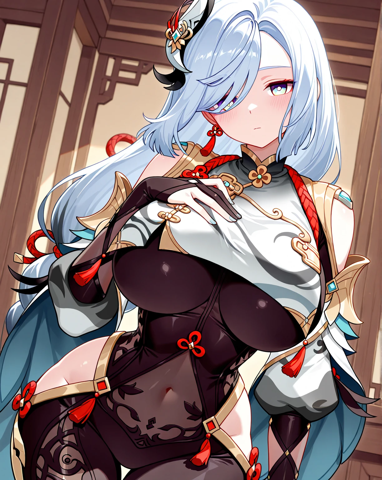NSFW, arlecchino, arlecchino from genshin impact, big tits, super huge tits, cool girl, a quiet and serious girl, badass, sex pose, erotic model pose, full body, POV