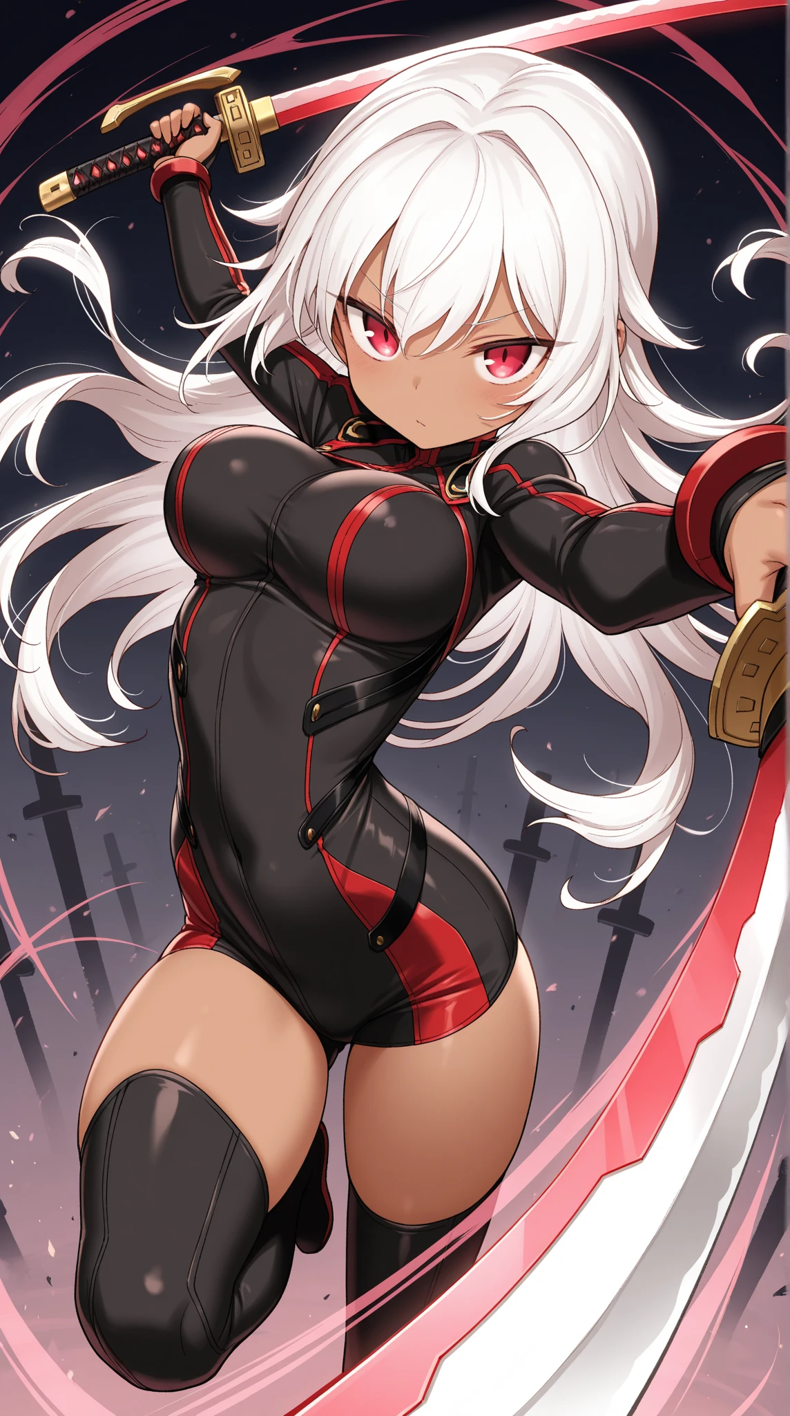 best detailed, Highly detailed,Beautiful body,Beautiful Nose,perfect eyes,perfect face,ultra highres,beautiful legs,Perfect hands,Masterpiece,illustration,,perfect anatomy,street fighter,doll suit,shadaloo doll,dollsuit,expressionless,empty eyes,blank eyes,red gloves,((dark pantyhose)),no boots,without boots,emotionless,black latex,corruption,mind control,female combatant,hypnotized,unhappy trance,full body suit,obey,extremely glossy latex,hypnosis,hypnoLora,Slave,necktie,yellow tie,military,dark persona,(((from  below, raised leg, foot,foot sole))),(((pixel-perfect, detail-perfect))),solo,(roze),1girl,silver hair, long hair, twintails, hair between eyes, red eyes, black cap, twin black muffler,black scarf,(((sword))),city background, night sky
