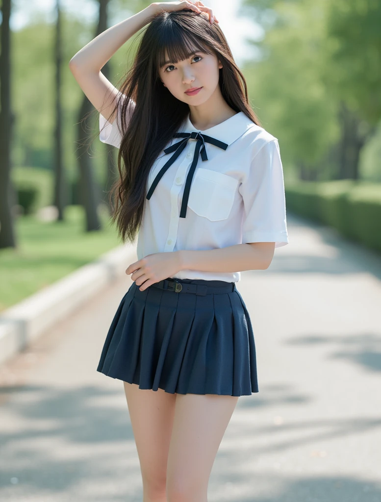 kawaii, (round eyes:1.2), (highly detailed face and eyes), (big smile), Amazing face and eyes, (school uniform, pleated mini skirt:1.3), (Best Quality:1.4), (Ultra-detailed), (extremely detailed CG unified 8k wallpaper), Highly detailed, High-definition raw color photos, Professional Photography, Realistic portrait, summer, (beach), (fine face:1.2),