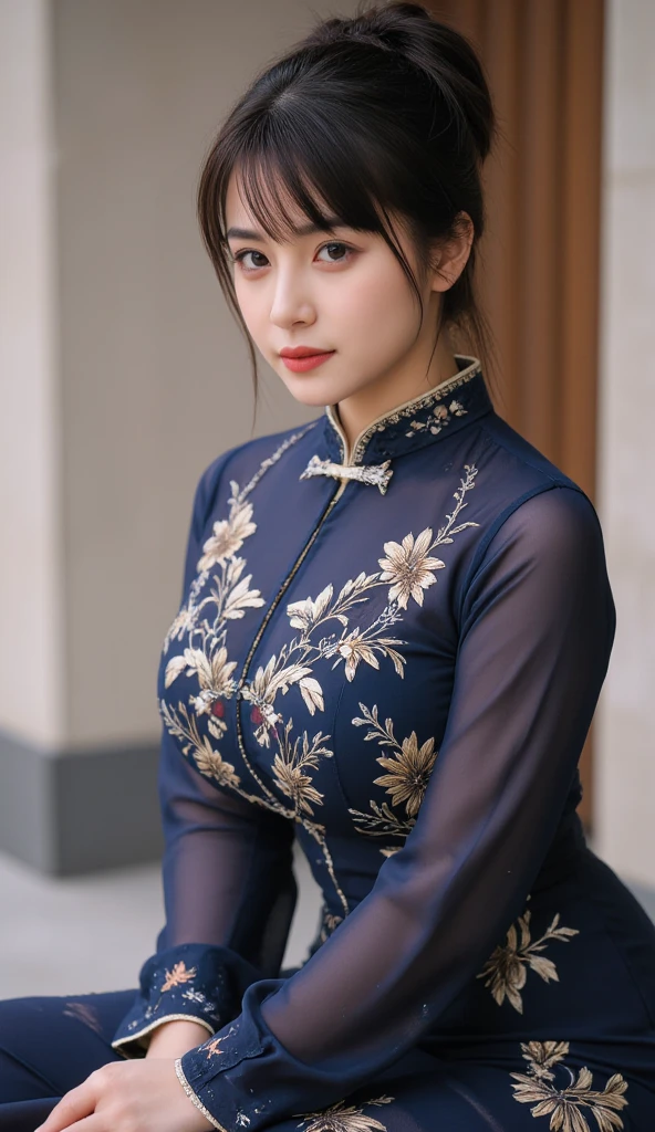 (RAW photo, Highest quality, Masterpiece: 1.2), (Realistic, Photorealistic: 1.4), (Masterpiece: 1.4), (Highest quality: 1.4), (Super detailed), ((High contrast)), (High saturation), (Beautiful detail eyes), ((Very delicate and beautiful)), (Lovely hands, Perfect hands), ((five precise fingers, feminine beautiful fingers)), (The background is a mechanical network city without people), One girl, Solo, Maruko hair style, Long hair, Street Fighter Chunli, Huge breasts, En plein air, hair intakes, Blue cheongsam，black lence stockings, Full body photo，taut skin, Big Cleavage, Abs, thigh gap, upper legs, (Small buttocks), oiled shiny skin, (Shiny skin), Realistic, Feminine sexy pose, scybernetic_Jawless, black lence stockings, boot