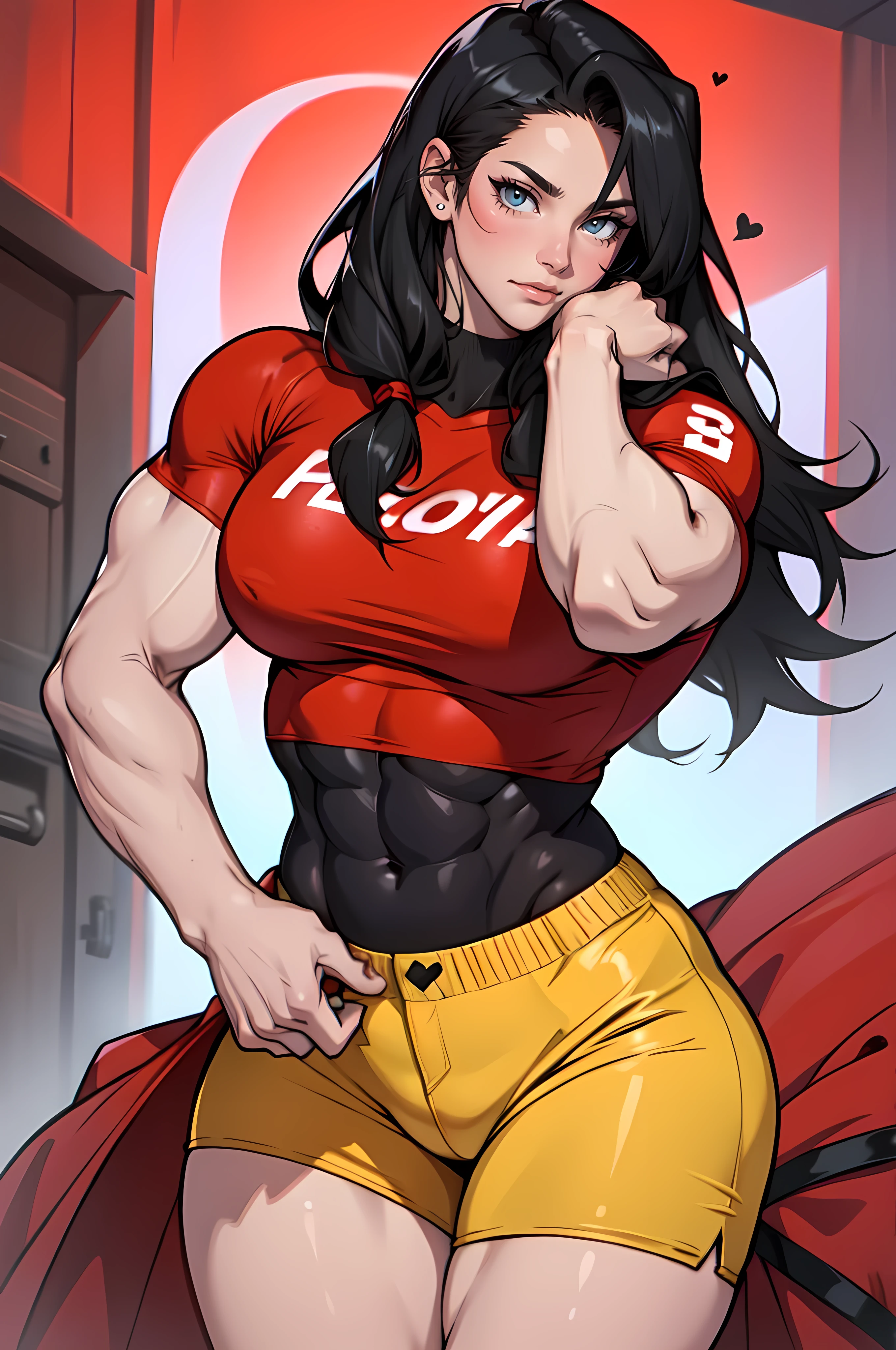 ((1girl)) pale skin large breasts (muscular) toned body thick thighs black hair yellow eyes (long hair) bodybuilder tight red shirt blushing (heart seductive expression) best quality hair flaps perfect anatomy