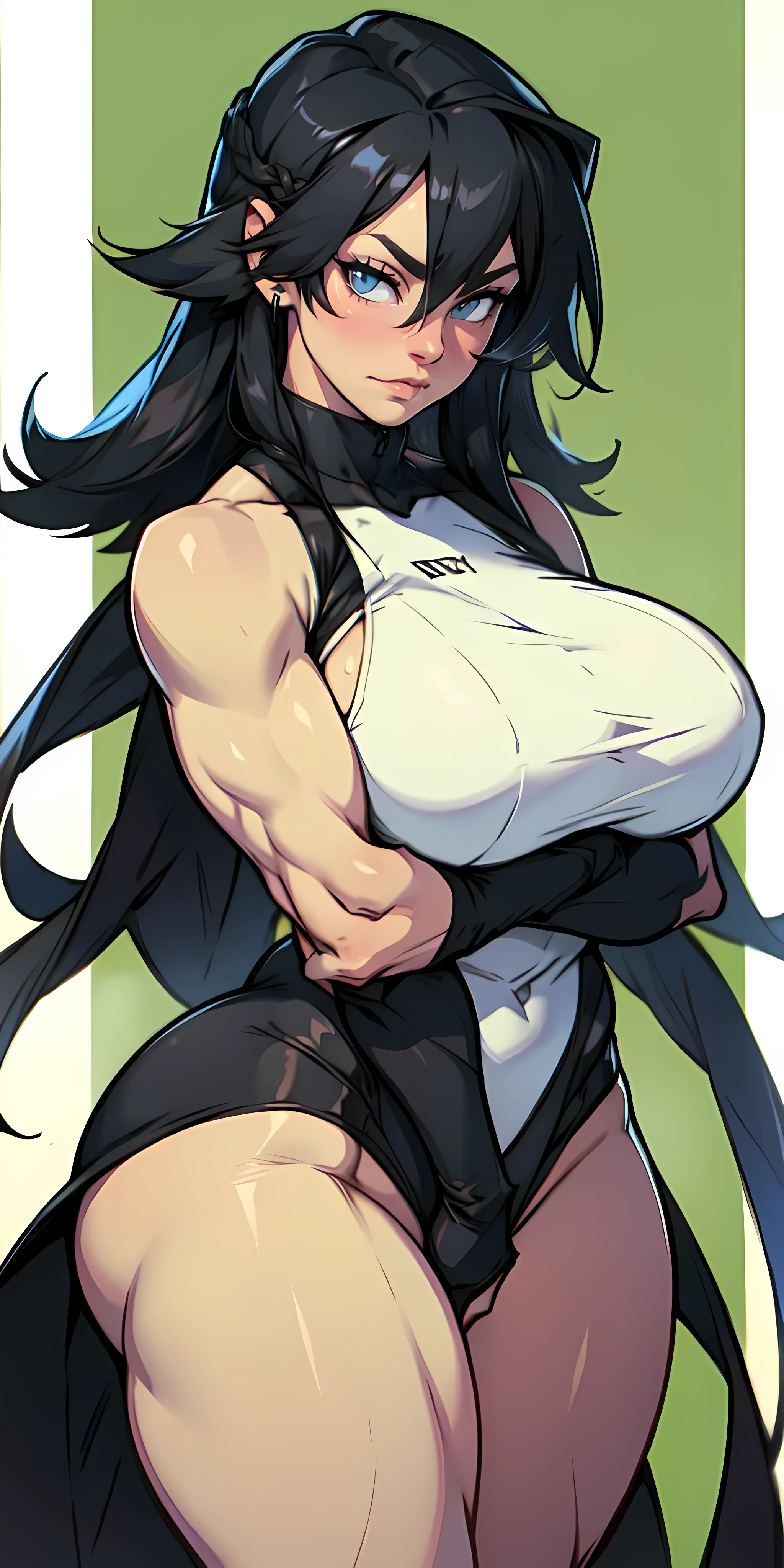 a girl ((muscular)) huge breasts thick thick thick thick very long hair very long hair pale skin black hair yellow eyes disappointed long ponytail long ponytail