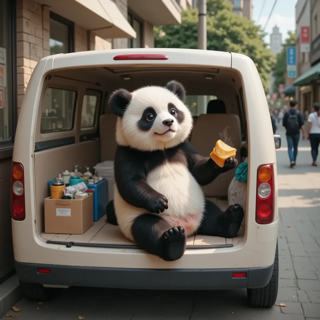 Little boy wearing giant panda clothes，Sit sideways in a toy car，Fundo sala de estar，Children's toys around，Disney  style，Medium shot，wide wide shot，8K