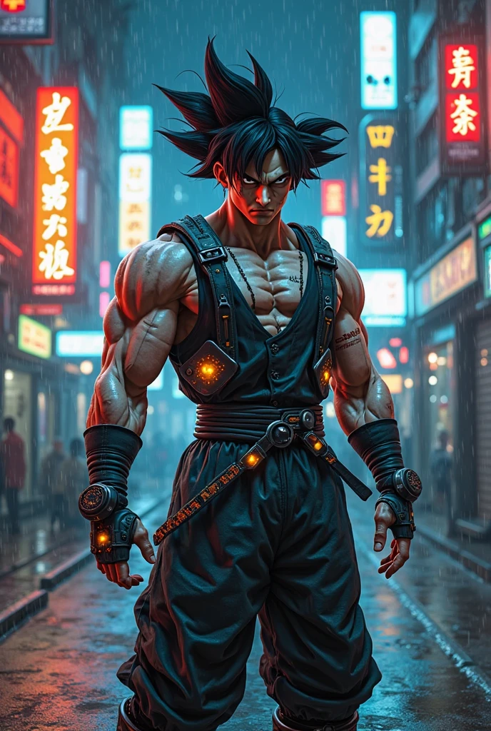 A photographic style of son Goku in graffitipunk setting, standing frontally in the center. He has spiky black hair and a high-tech mask with orange neon lights. His attire includes a black cropped top with neon blue highlights, a black jacket with straps, fishnet details on the waist, and black pants with protective gear. A katana is slung across her back. The urban background is illuminated with blue-tinted light, featuring vertical structures and hanging wires, with small glowing lights floating around. Created Using: cyberpunk aesthetics, high-resolution camera, intricate detailing, neon lighting, urban textures, high contrast, dystopian vibe, soft shadows, hd quality, vivid style