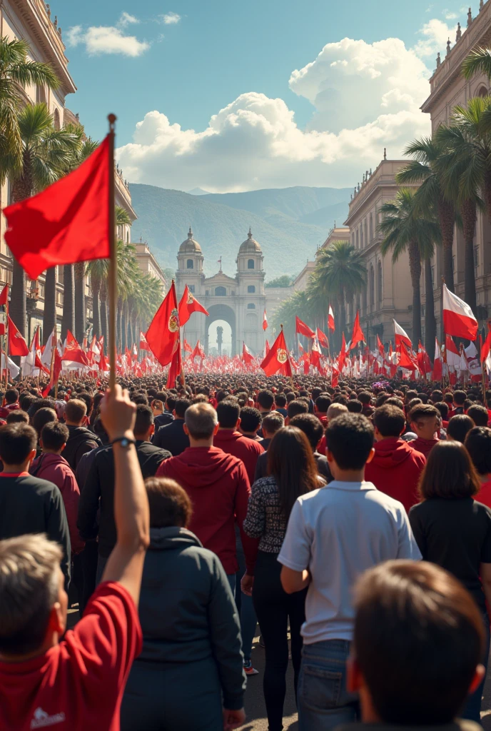 Image of a large march of people of different ages and social sectors, calling for changes in Peru