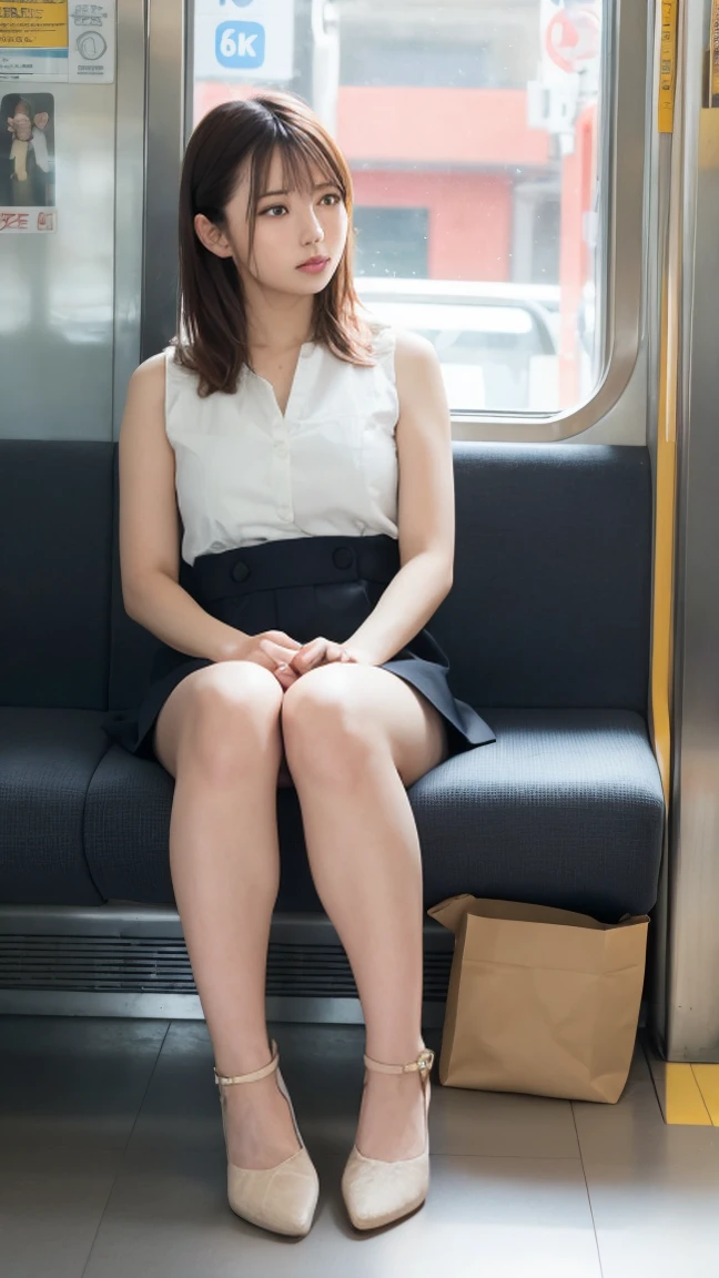 (masterpiece, Highest quality, 8k, RAW Photos, beautifully、aesthetic:1.2),  Intricate details, indirect lighting, Realistic,
whole body, Sitting on a chair on the train、Staring at the viewers、Voyeur、
 Square neck button-down linen sundress, (Ultra-realistic pantyhose)、
 Training women , Chair to sit under skirt,Ultra mini skirt、Gaze, Two legs