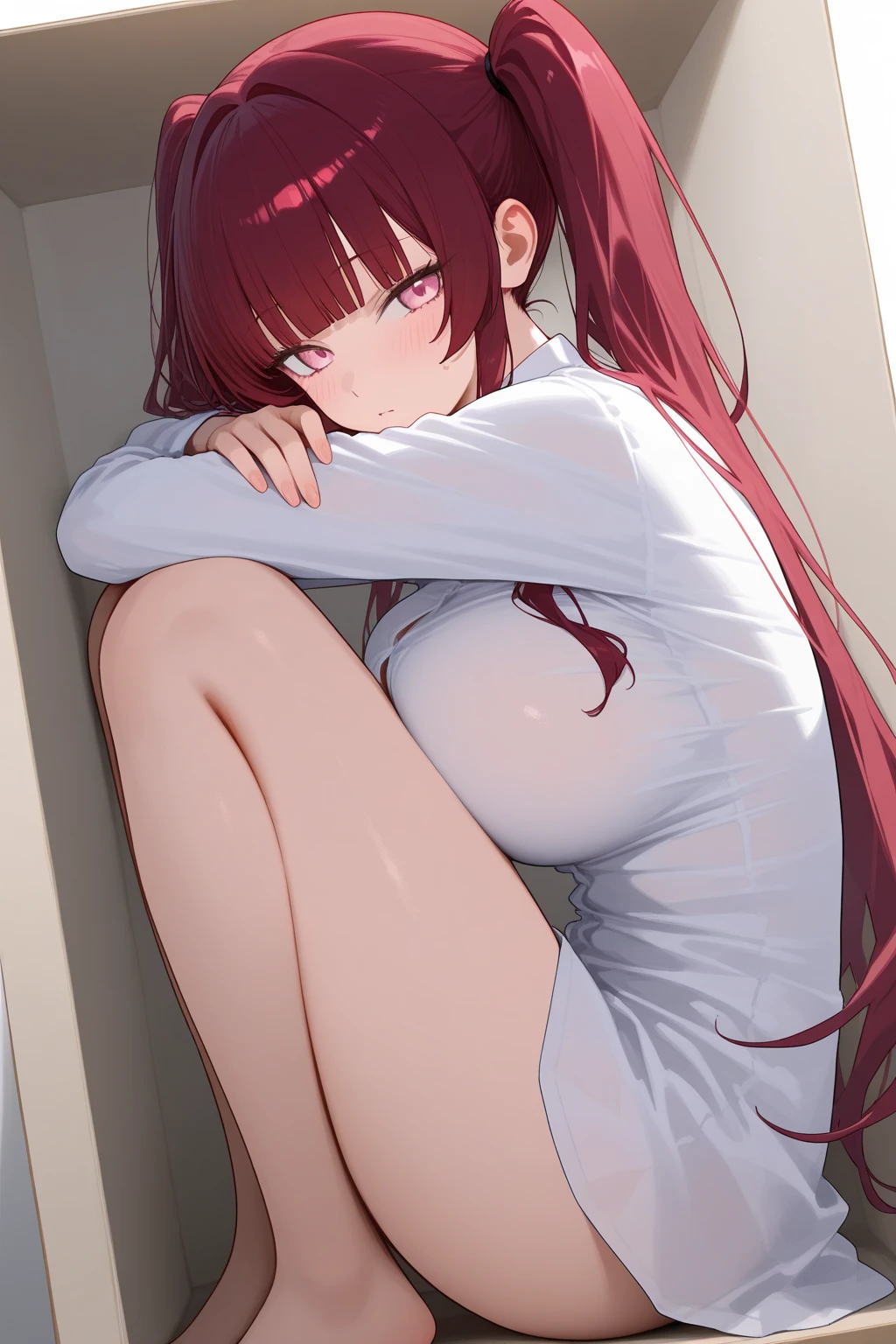 Best Quality, Masterpiece, 1 girl, (Alone:1.1), ray tracing, ultra detailed,detailed face, 8K Wallpaper, detailed eyes and face, Brown eyes, Red hair, exhausted look, blushing and completely sweaty, he is wearing pajamas, without anything underneath, lying on a bed