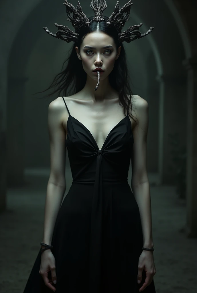 arafed woman in a black dress and red cape posing for a picture, red bloody hands from a figure behind her is about to grab her, fine art fashion photography, inspired by Ignacy Witkiewicz, by Emma Andijewska, mysterious woman, photography alexey kurylev, red and cinematic lighting, inspired by Brooke Shaden, aleksandra waliszewska